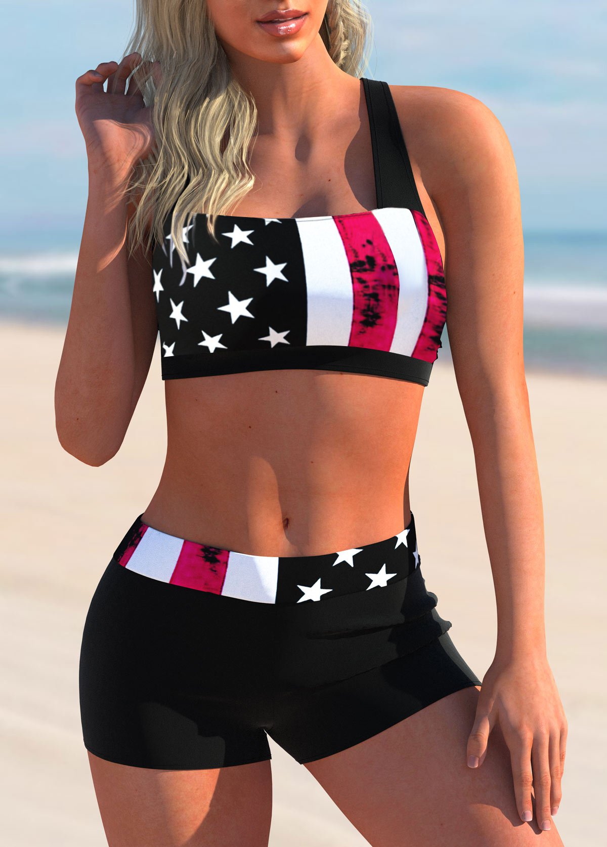 ROTITA Bowknot Back American Flag Print Bikini Set 