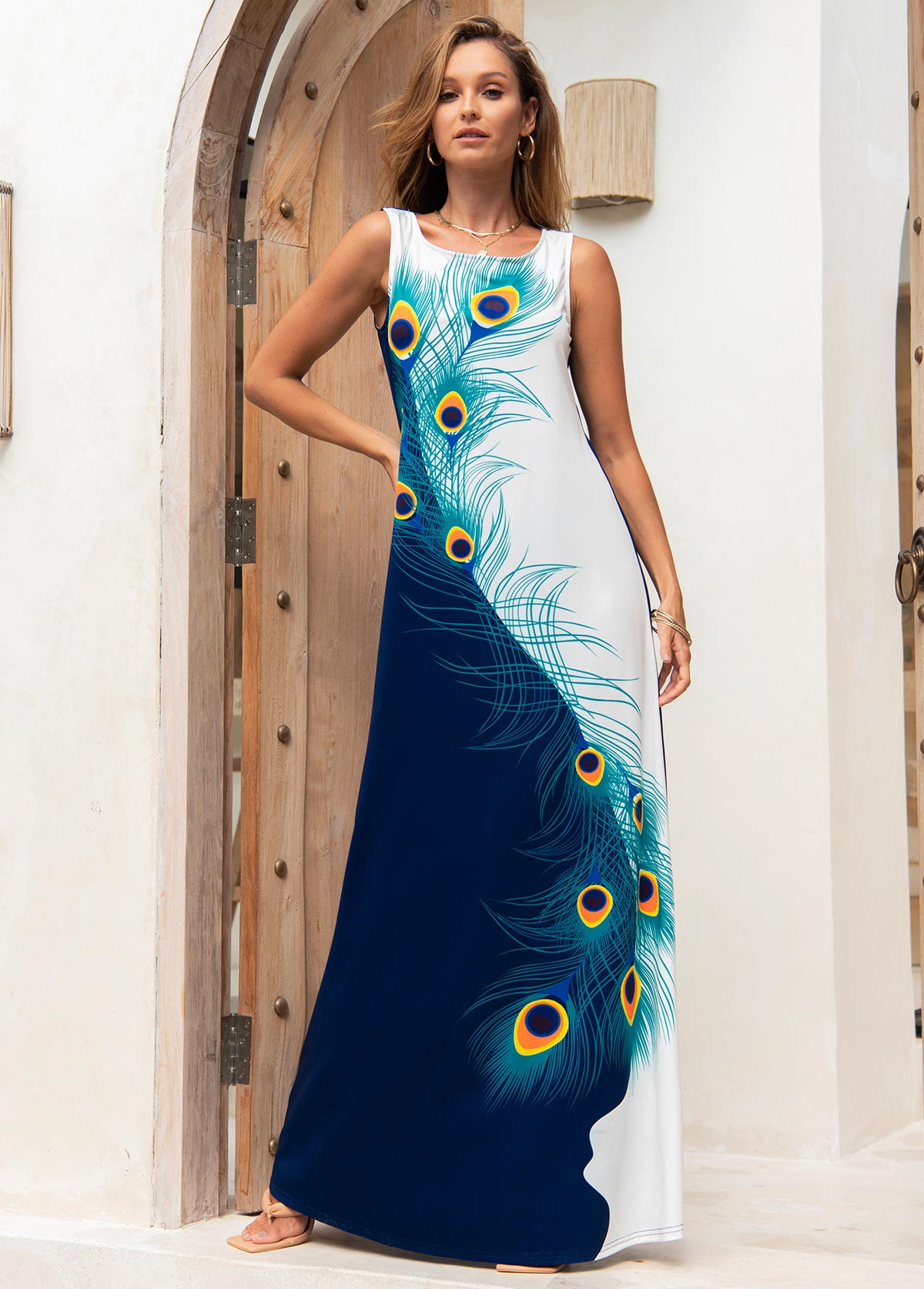 ROTITA Sleeveless Feathers Square Collar Maxi Dress 