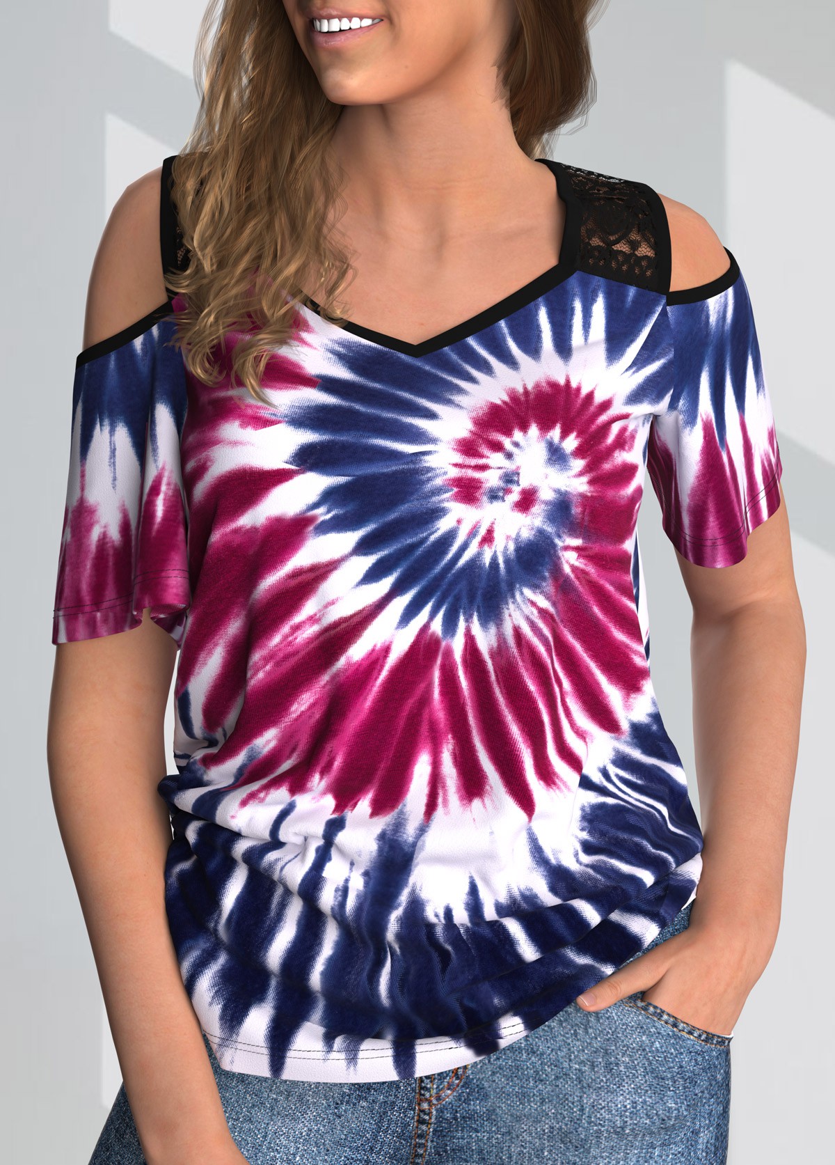 ROTITA Lace Stitching Tie Dye Print Cold Shoulder T Shirt