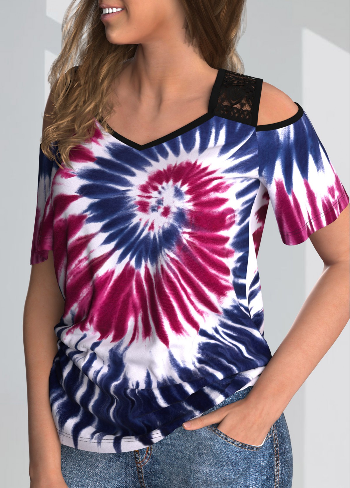 Multi Color tops,Tie Dye tops,ROTITA Lace Stitching Tie Dye Print Cold Shoulder T Shirt
