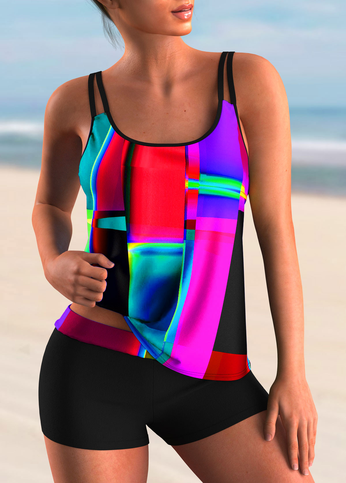 ROTITA Spaghetti Strap Geometric Print Mid Waist Tankini Set 
