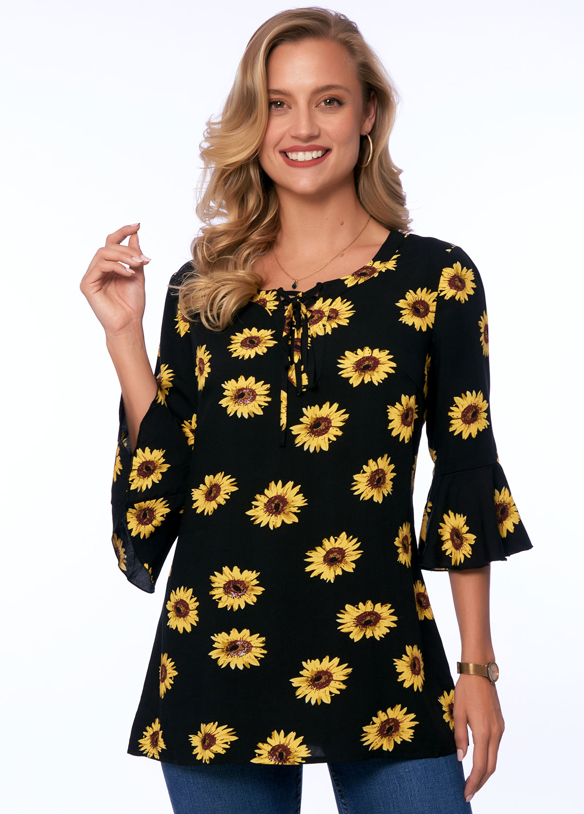 ROTITA Sunflower Print Lace Up 3/4 Sleeve Blouse