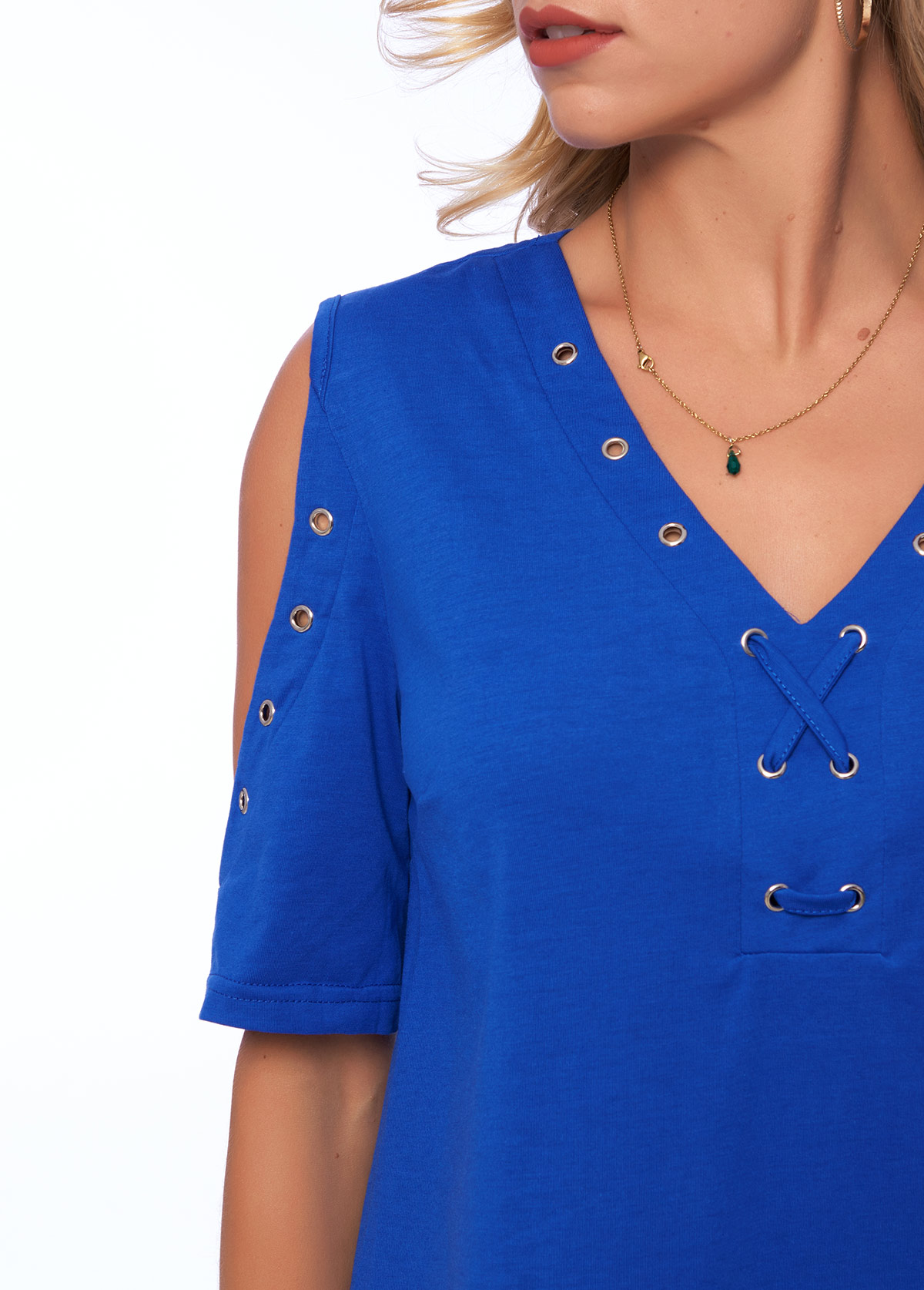 Blue tops,Plain Color tops,ROTITA Solid V Neck Cold Shoulder T Shirt