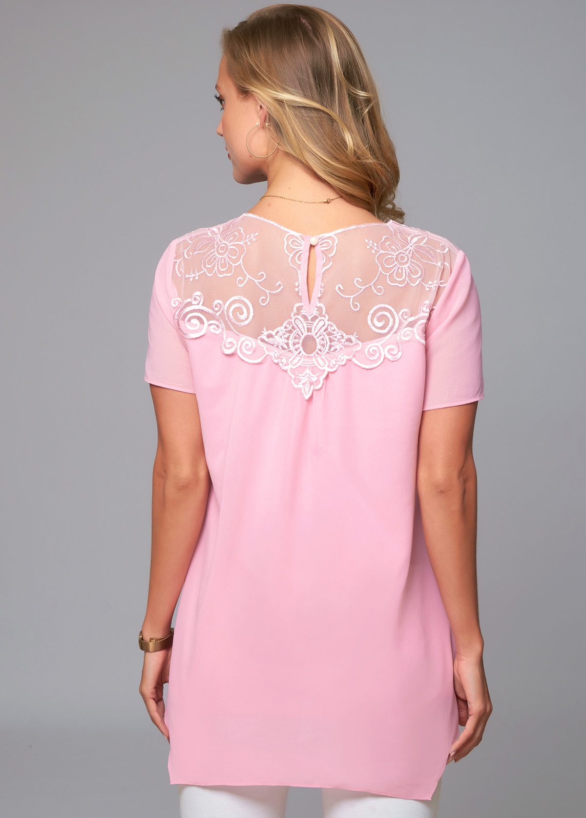 Pink tops,Plain Color tops,ROTITA Short Sleeve Lace Stitching Round Neck Blouse