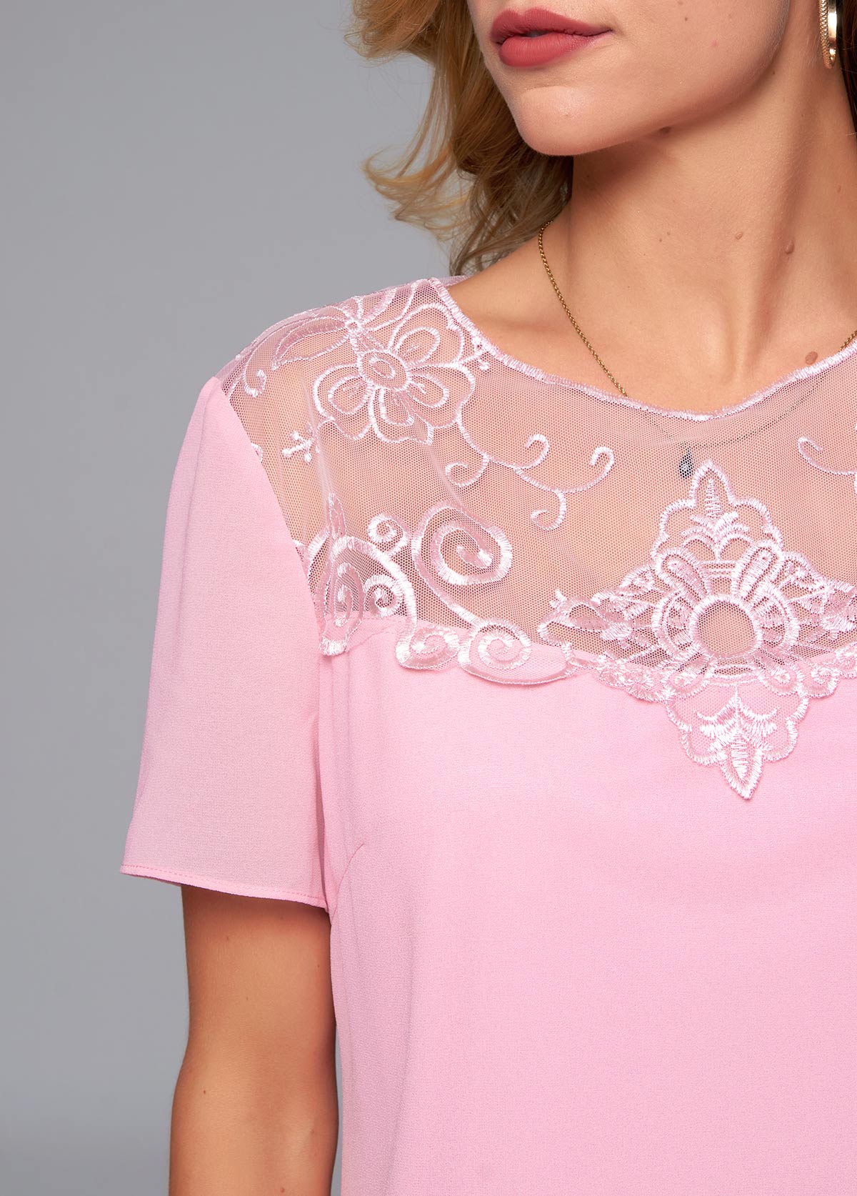Pink tops,Plain Color tops,ROTITA Short Sleeve Lace Stitching Round Neck Blouse