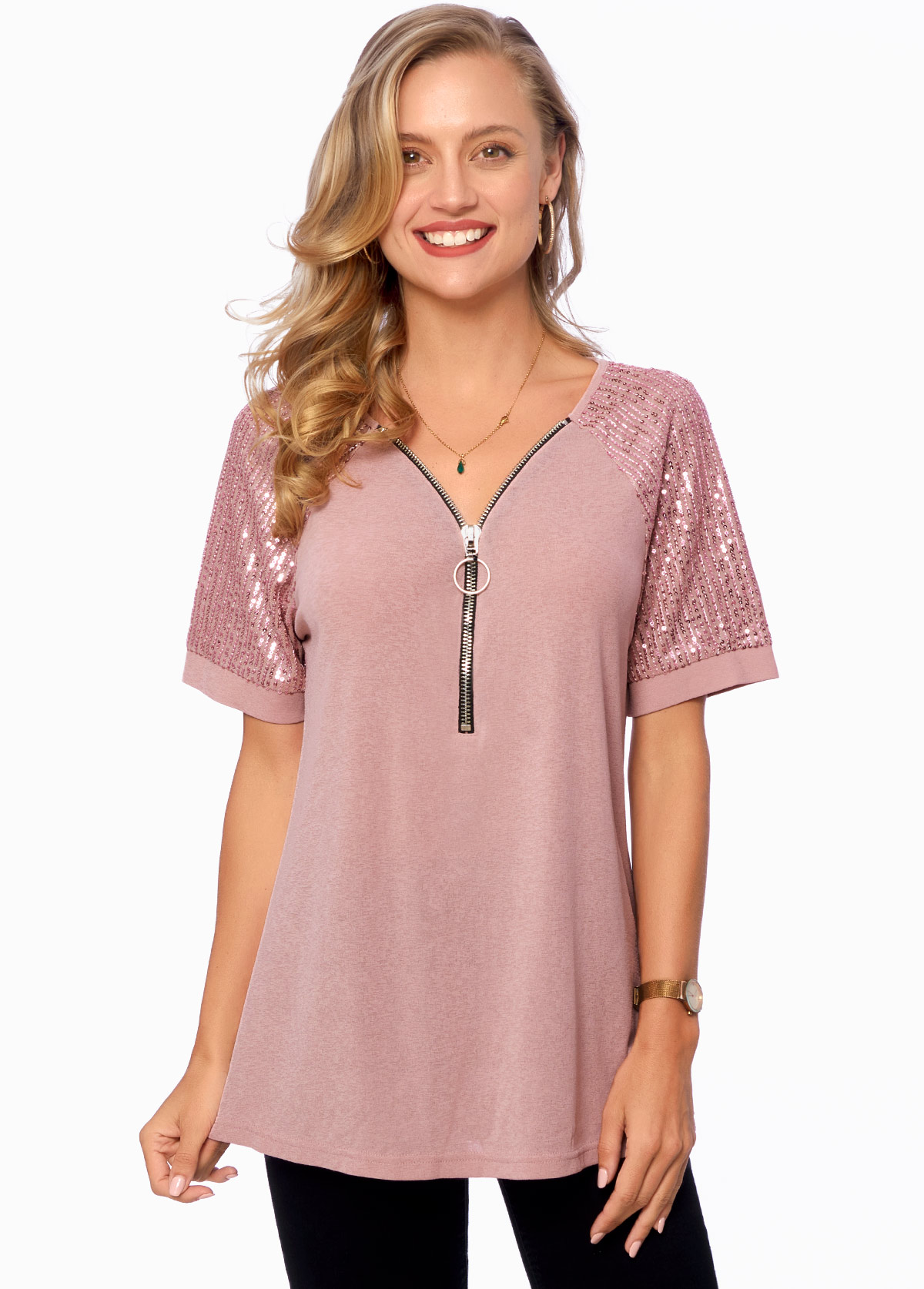 Light Pink tops,Plain Color tops,ROTITA Sequin Quarter Zip Short Sleeve T Shirt