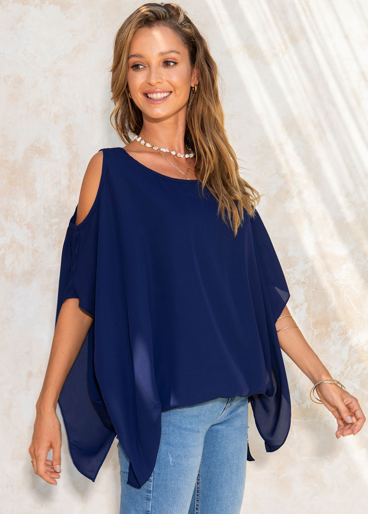 Navy tops,Plain Color tops,ROTITA Chiffon Cold Shoulder Ruffle Sleeve T Shirt