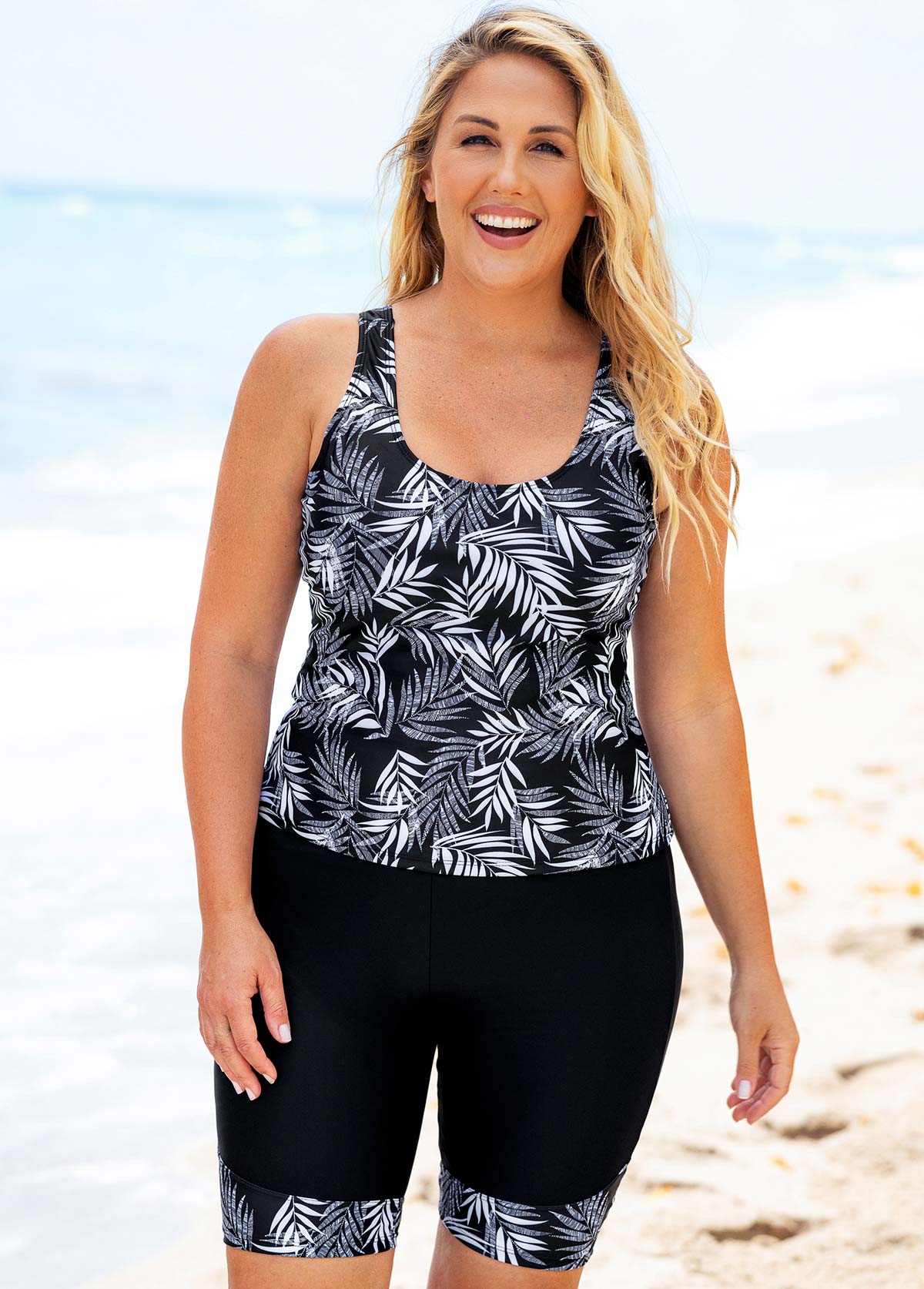 Black plus size,Plants plus size,ROTITA Leaf Print Plus Size Wide Strap Tankini Set