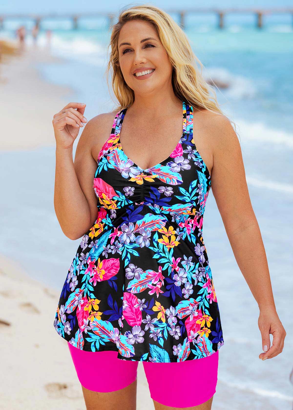 Multi Color plus size,Floral plus size,Cross Strap Plus Size Floral Print Tankini Set 