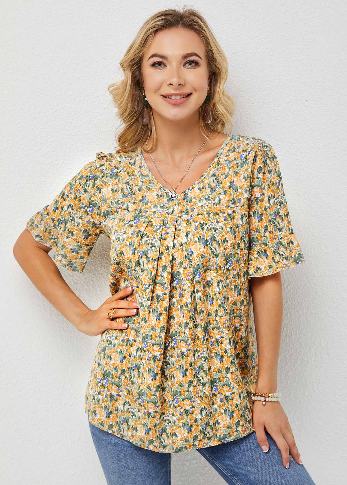 V Neck Ditsy Floral Print Half Sleeve T Shirt