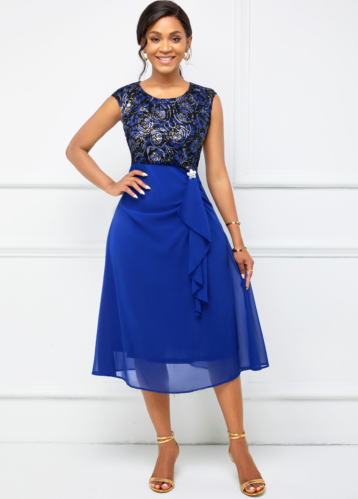 Royal Blue dresses,Floral dresses,ROTITA Lace Stitching Cap Sleeve Flounce Dress