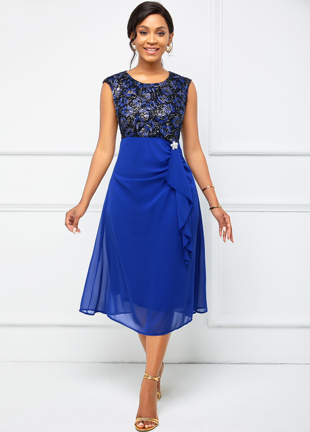 Royal Blue dresses,Floral dresses,ROTITA Lace Stitching Cap Sleeve Flounce Dress