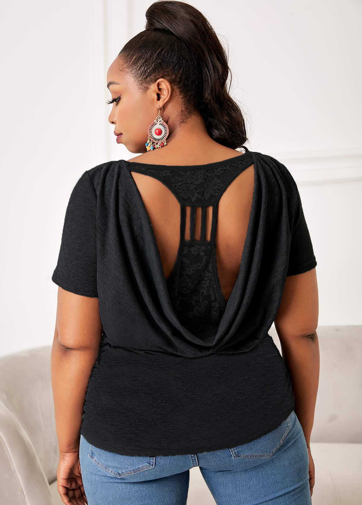 Black plus size,Plain Color plus size,ROTITA Plus Size Pierced Lace Stitching T Shirt