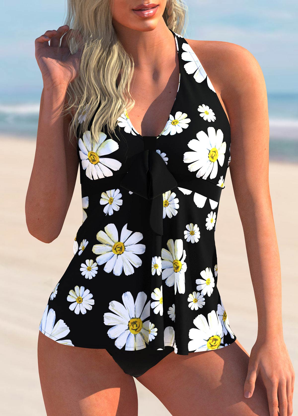 ROTITA Bowknot Daisy Print Halter Tankini Set