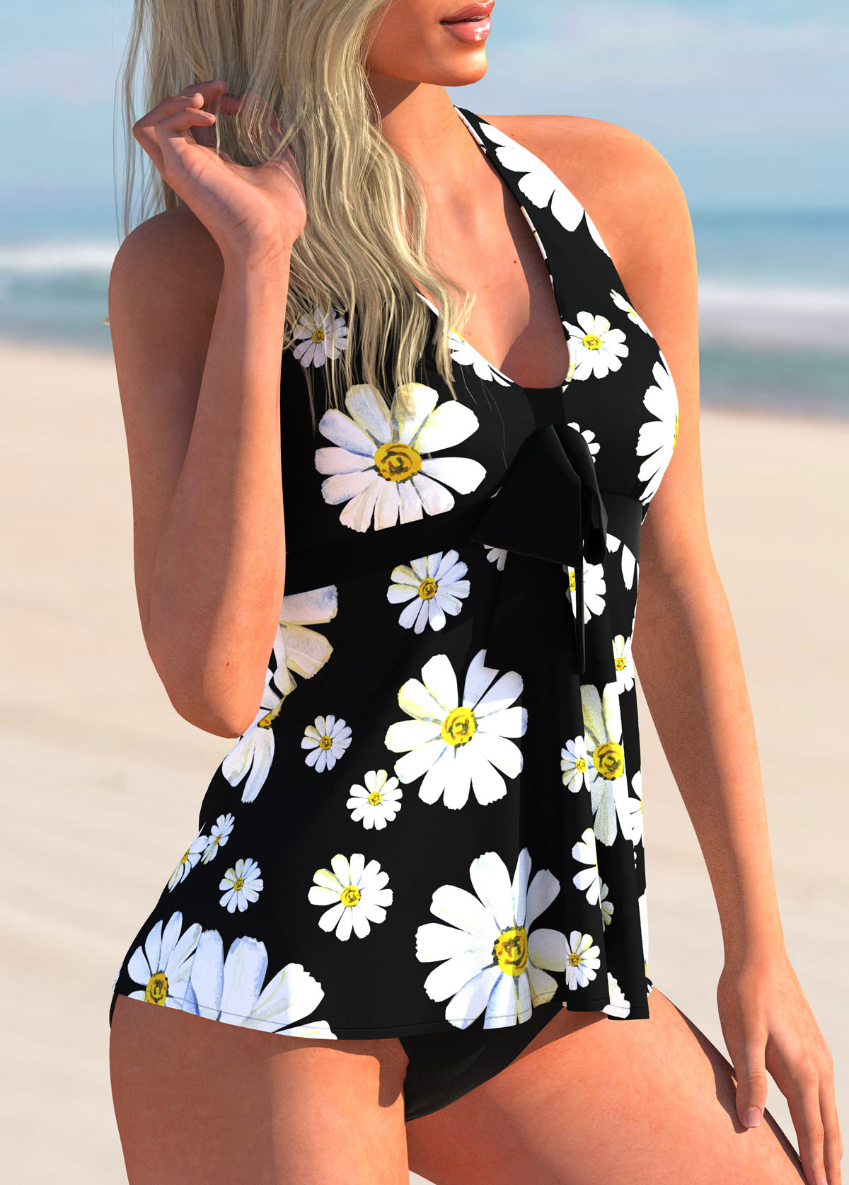 Black swimwear,Floral swimwear,ROTITA Bowknot Daisy Print Halter Tankini Set