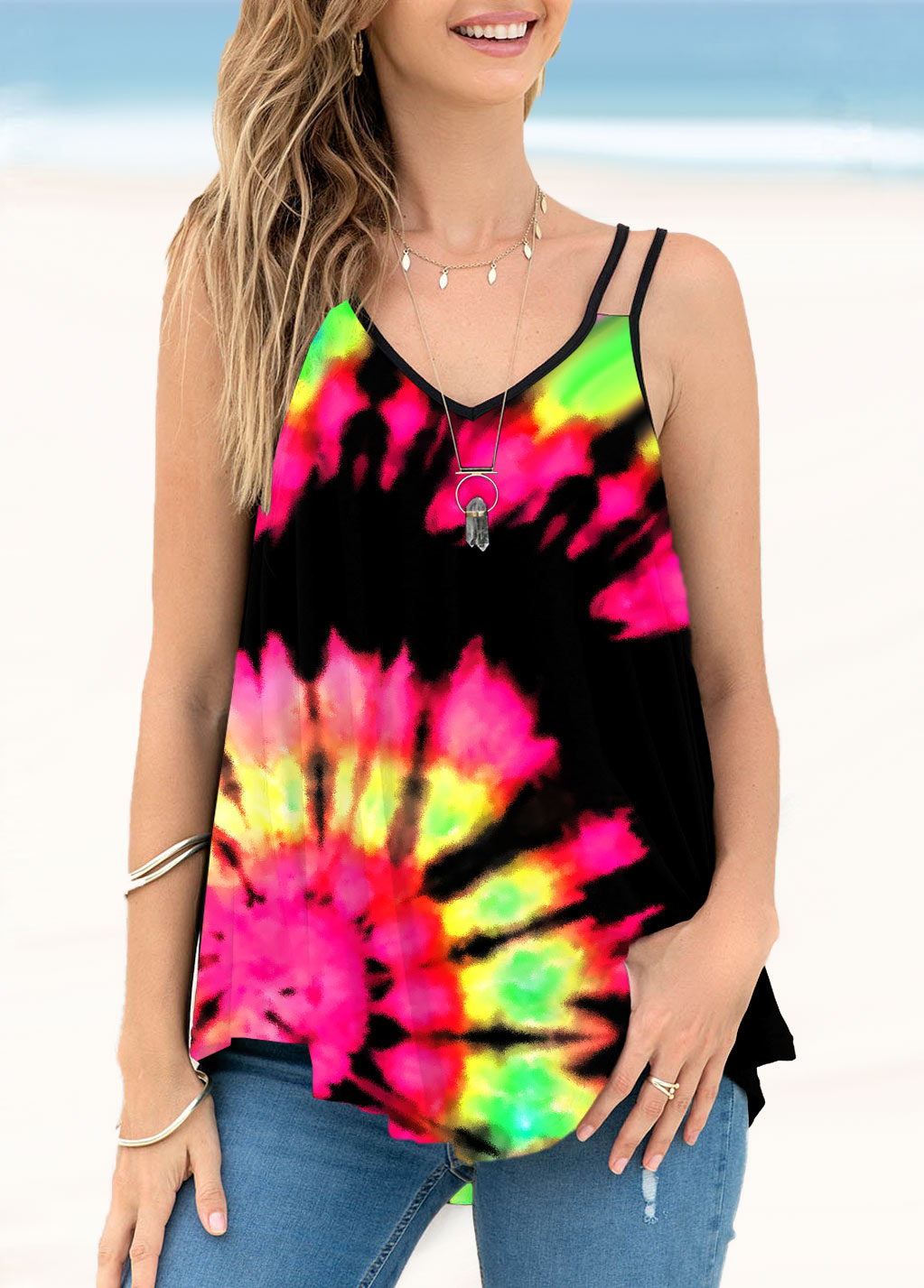 Multi Color tops,Floral tops,ROTITA Spaghetti Strap Multi Color Tie Dye Print Camisole Top