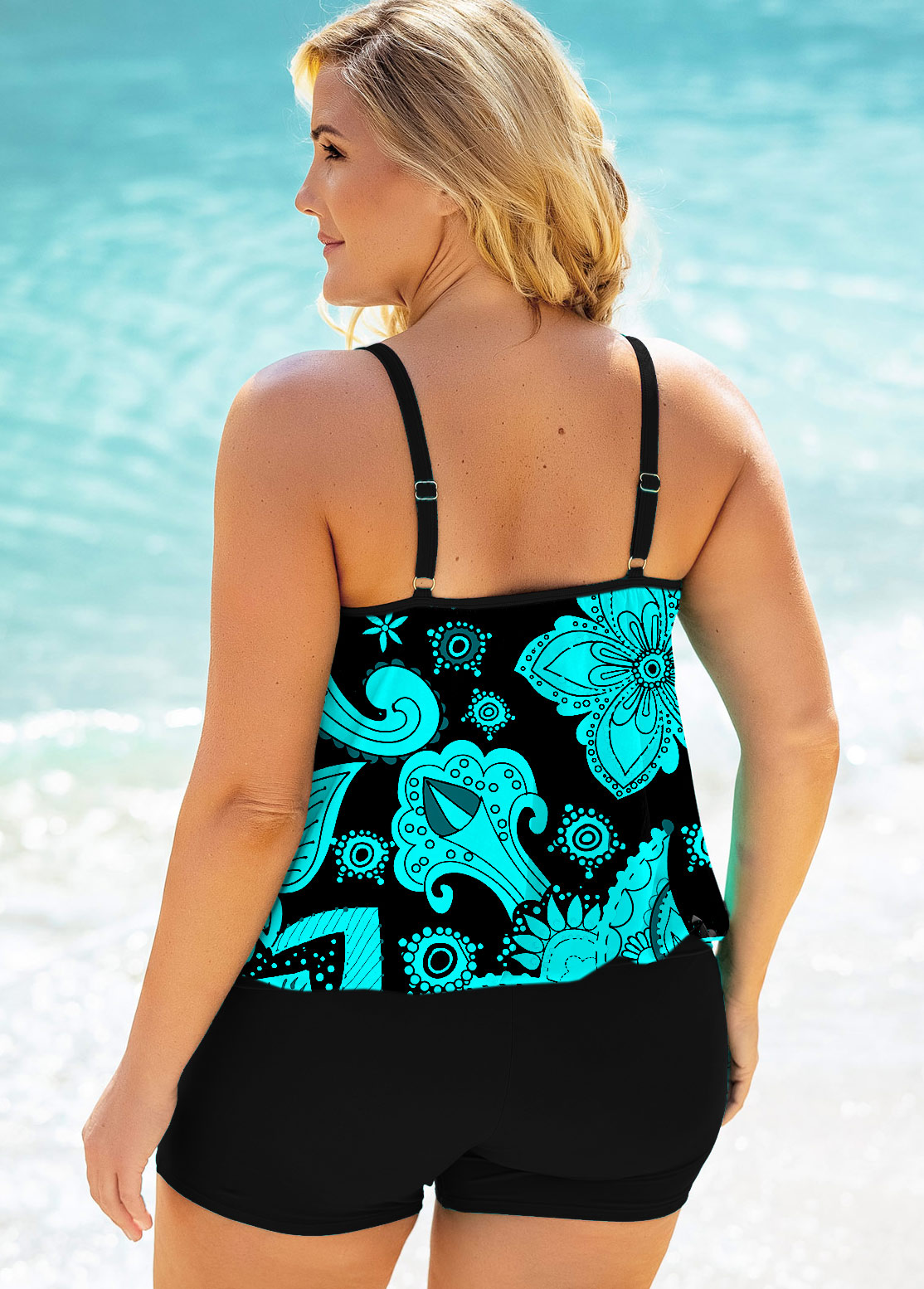 Cyan plus size,Paisley plus size,ROTITA Plus Size Paisley Print Tankini Set