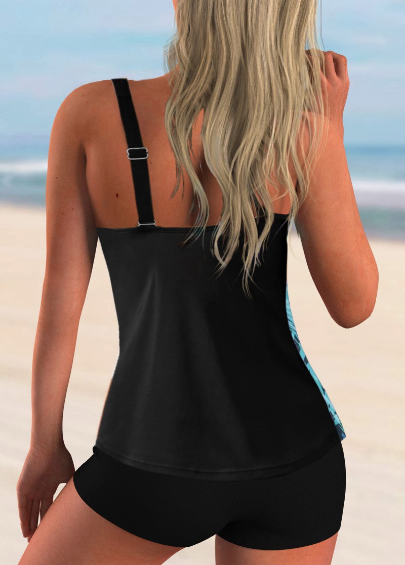 Black swimwear,Plants swimwear,ROTITA Wide Strap Leaf Print Tankini Set 