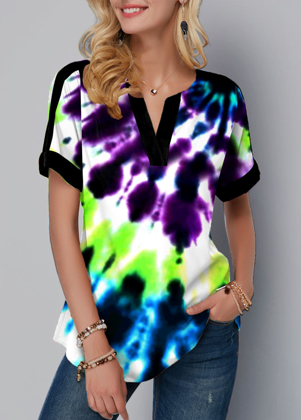 ROTITA Split Neck Tie Dye Print Short Sleeve Blouse