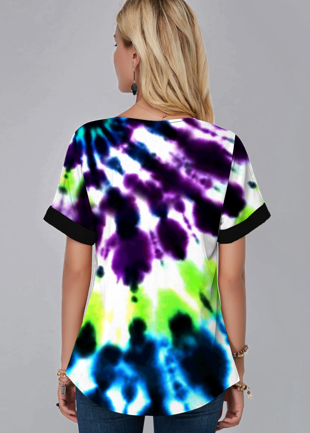 Multi Color tops,Tie Dye tops,ROTITA Split Neck Tie Dye Print Short Sleeve Blouse