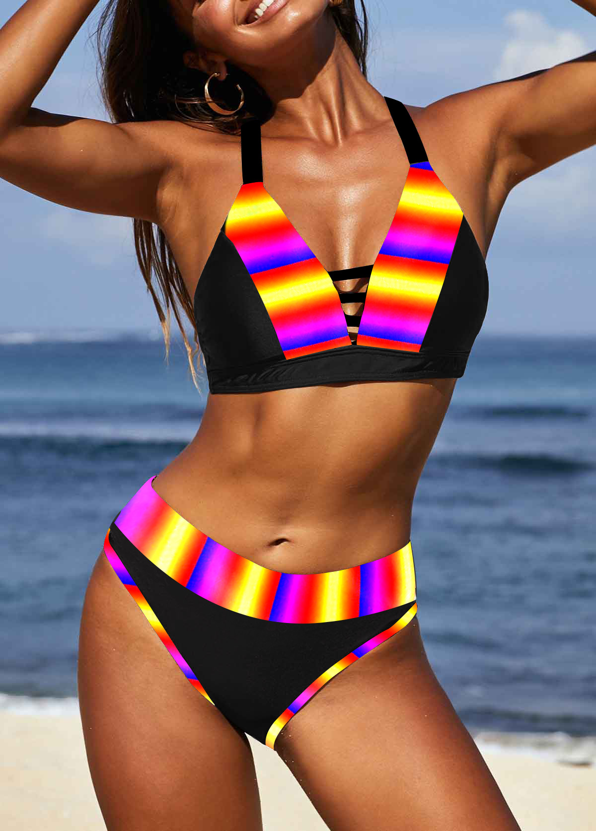 ROTITA Mid Waist Cross Strap Striped Bikini Set 