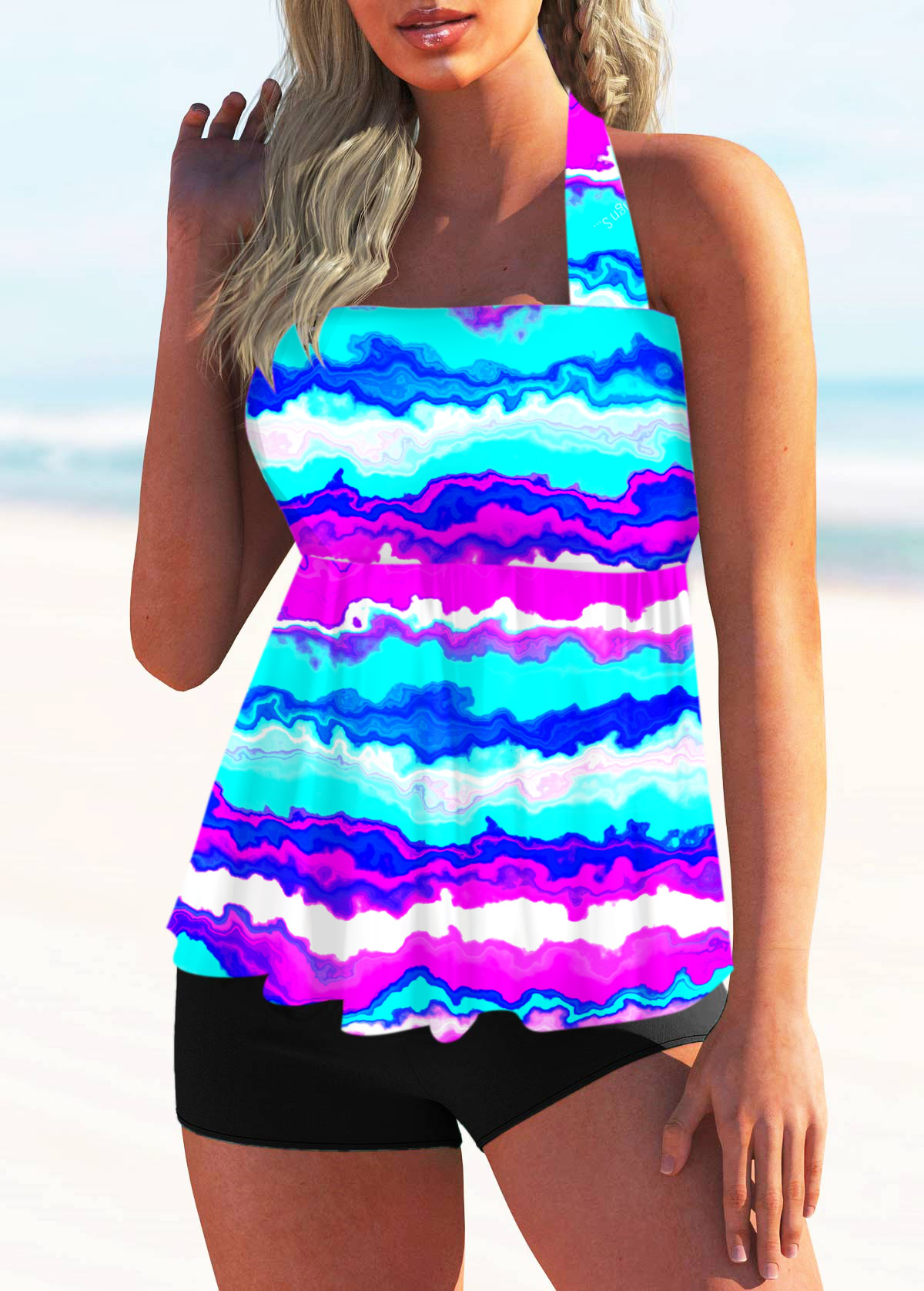 Multi Color swimwear,Rainbow Color swimwear,Dazzle Colorful swimwear,ROTITA Striped Print Colorful Halter Tankini Set 