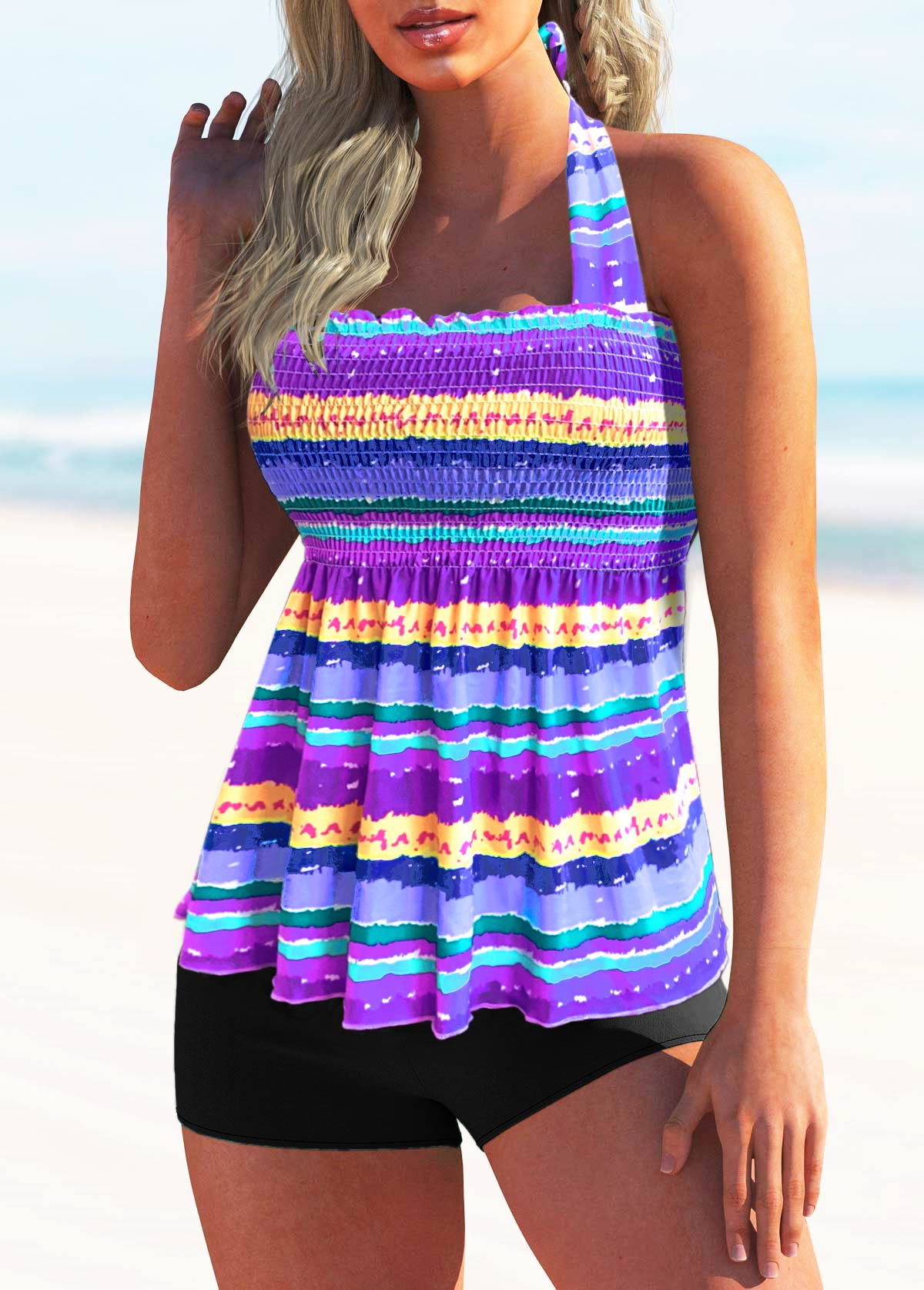 Multi Color swimwear,Striped swimwear,Rainbow Stripe Tie Back Smocked Tankini Set 