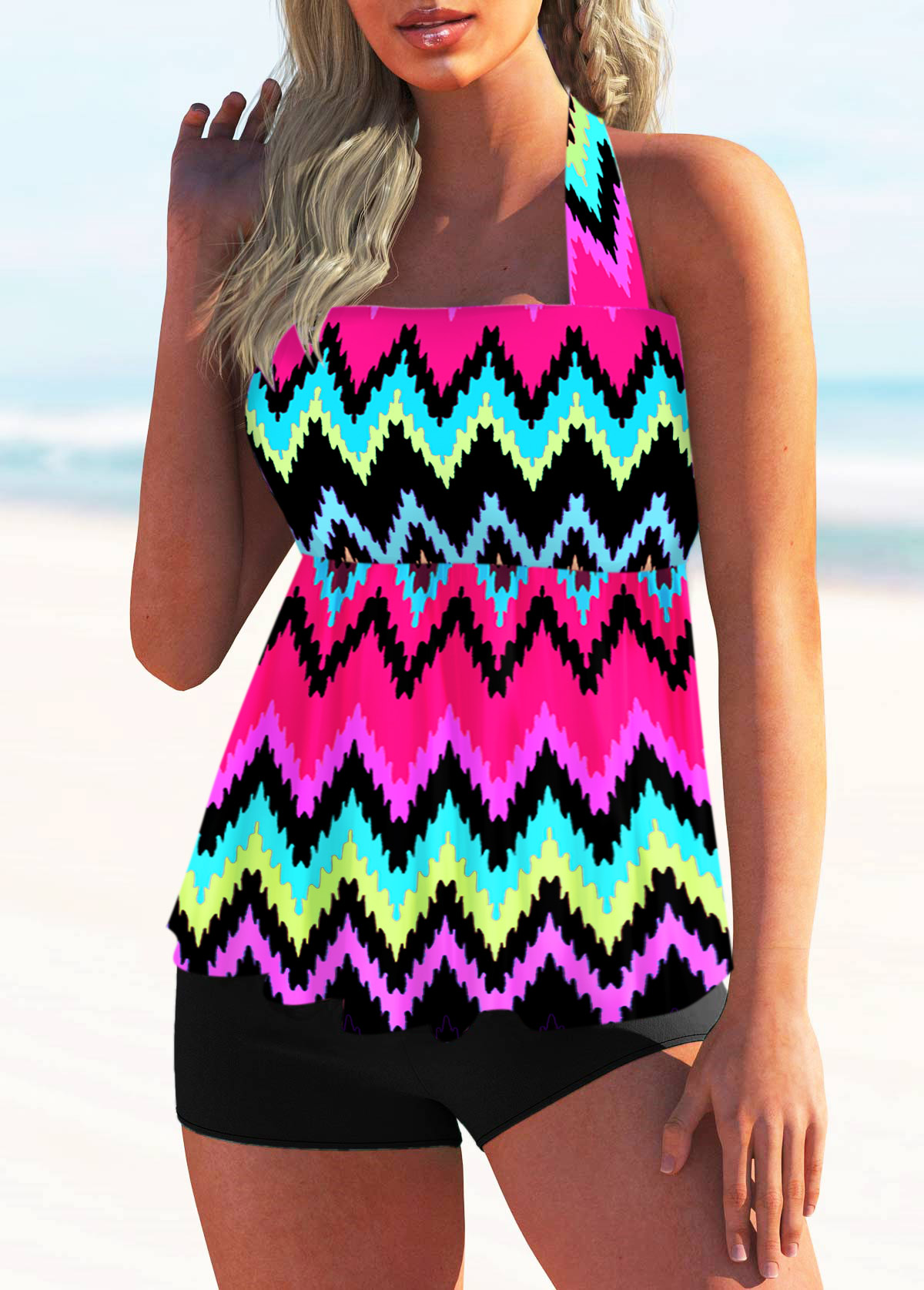 Multi Color swimwear,Striped swimwear,ROTITA Tie Back Rainbow Stripe Halter Tankini Set