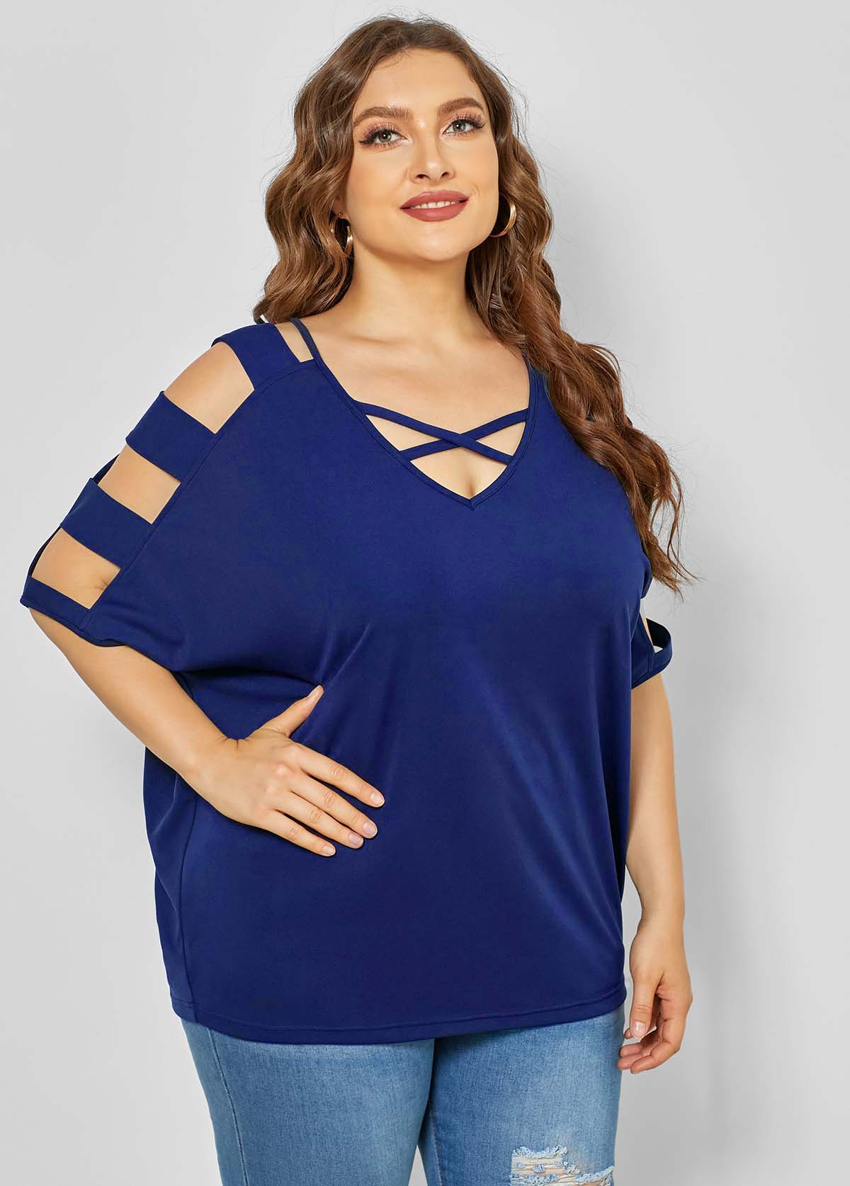 Blue plus size,Plain Color plus size,ROTITA Ladder Cutout Plus Size Cross Strap T Shirt