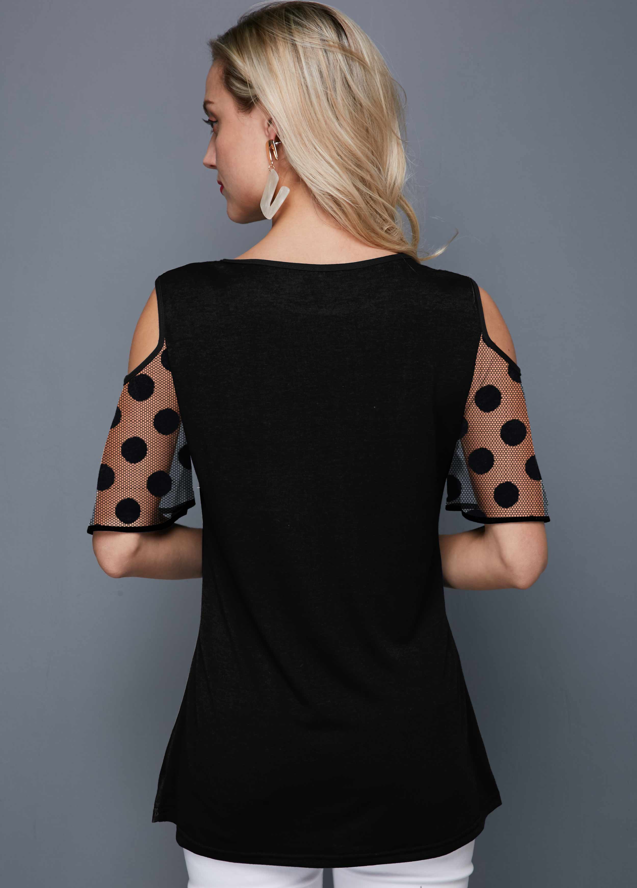 Black tops,Dot tops,ROTITA Cold Shoulder Polka Dot Round Neck T Shirt