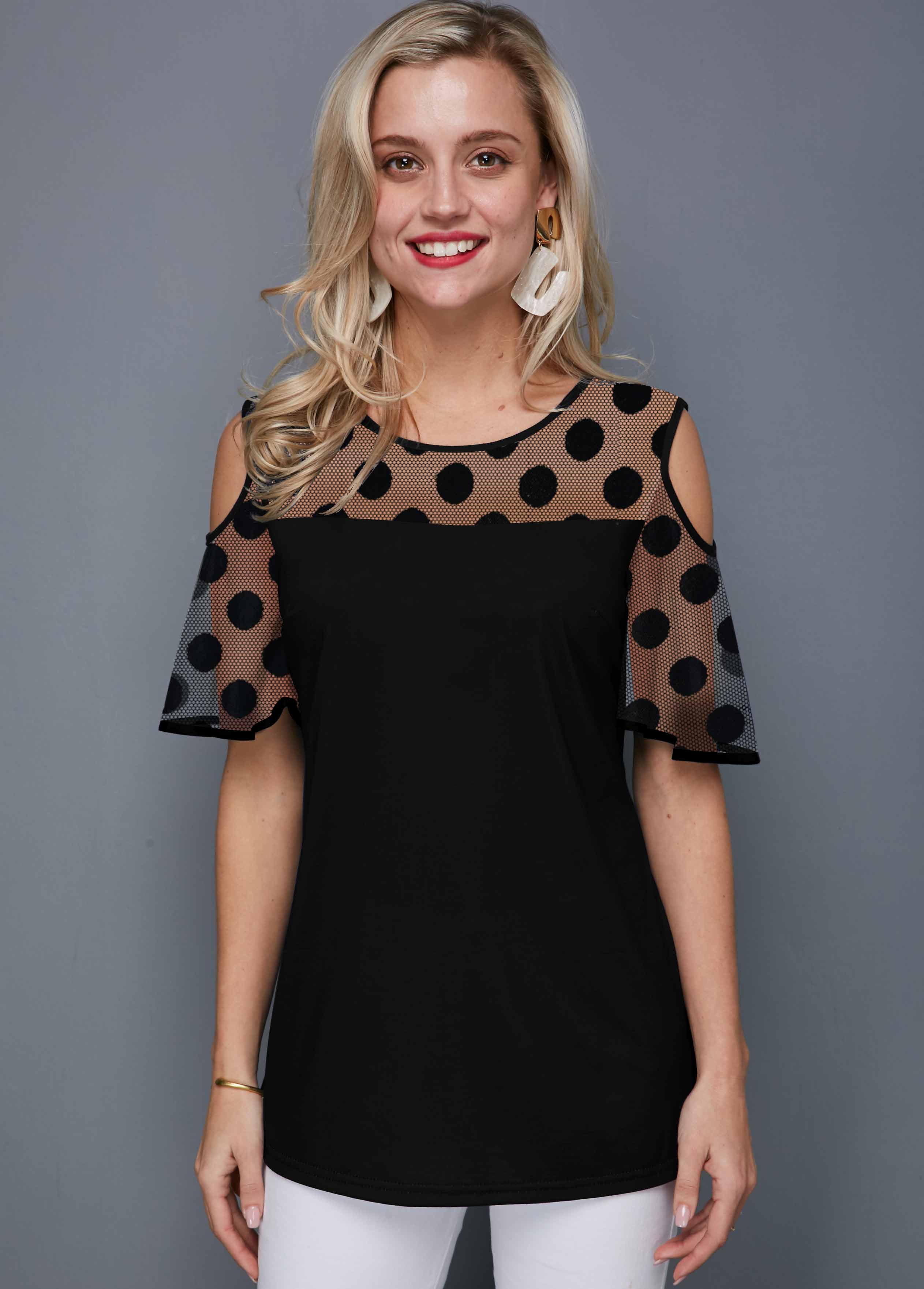 Black tops,Dot tops,ROTITA Cold Shoulder Polka Dot Round Neck T Shirt