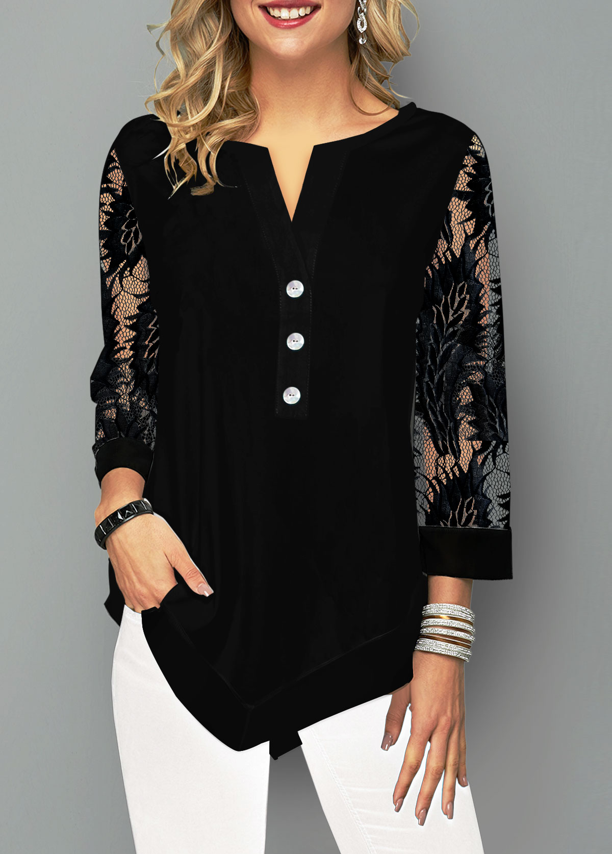 Black tops,Plain Color tops,ROTITA Lace Stitching Asymmetric Hem Split Neck Blouse