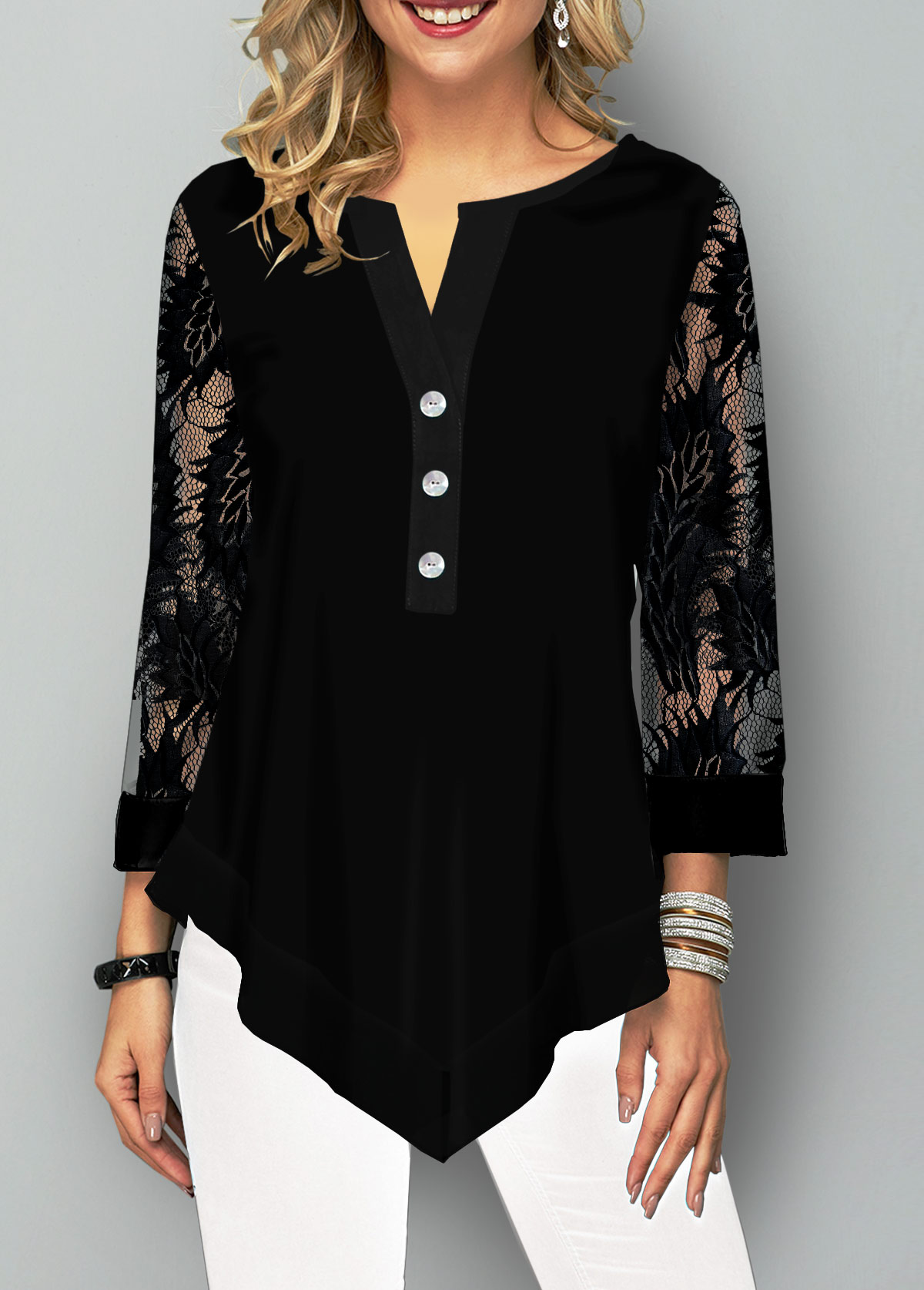 Black tops,Plain Color tops,ROTITA Lace Stitching Asymmetric Hem Split Neck Blouse