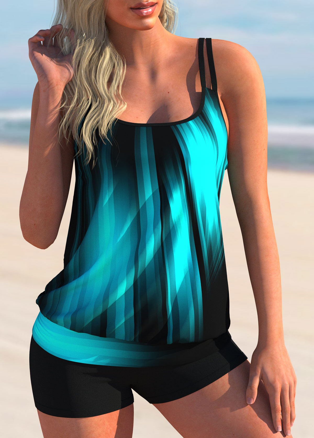 Cyan swimwear,Ombre swimwear,ROTITA Double Straps Ombre Printed Tankini Set 