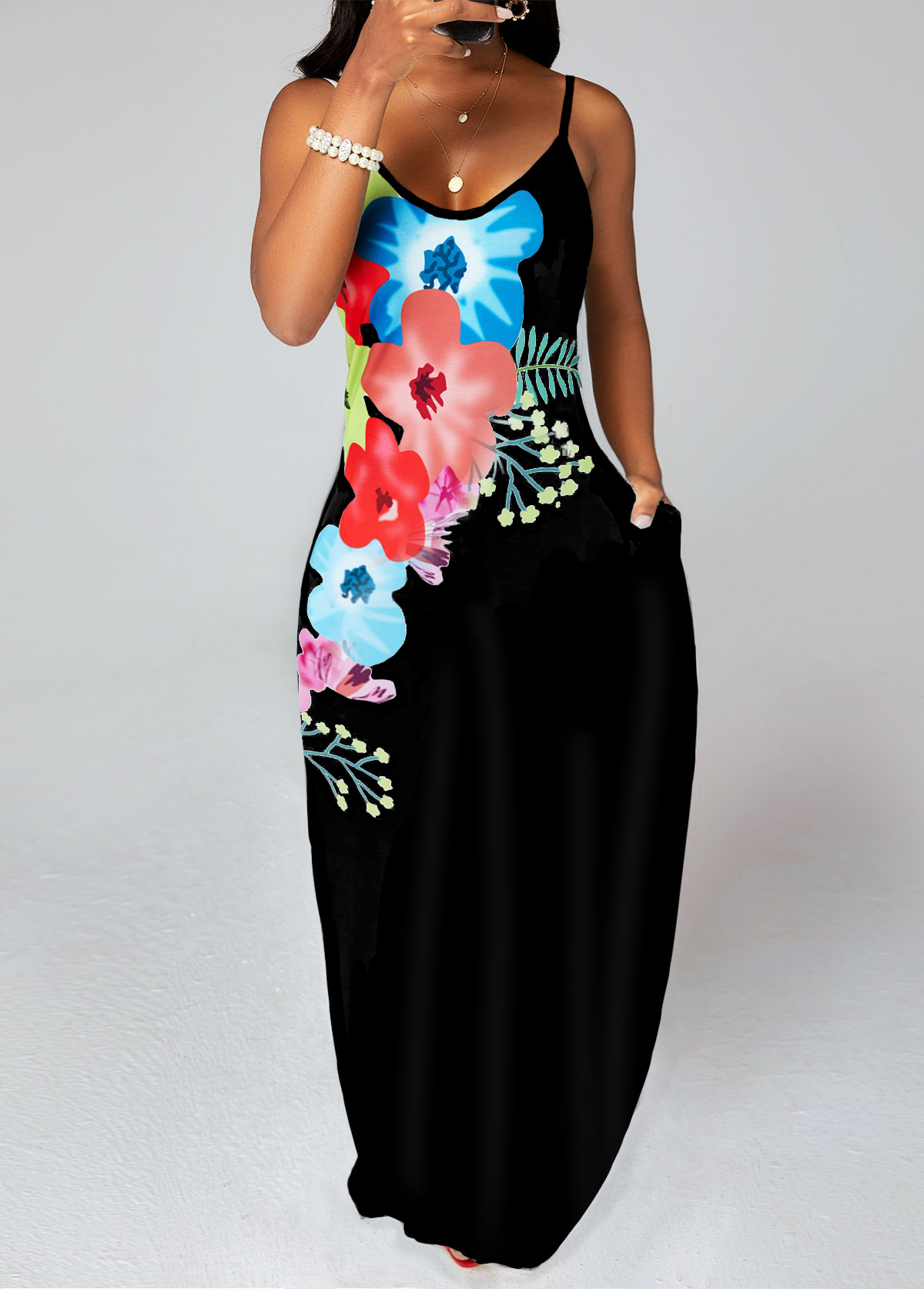 ROTITA Floral Print Double Pockets Maxi Dress