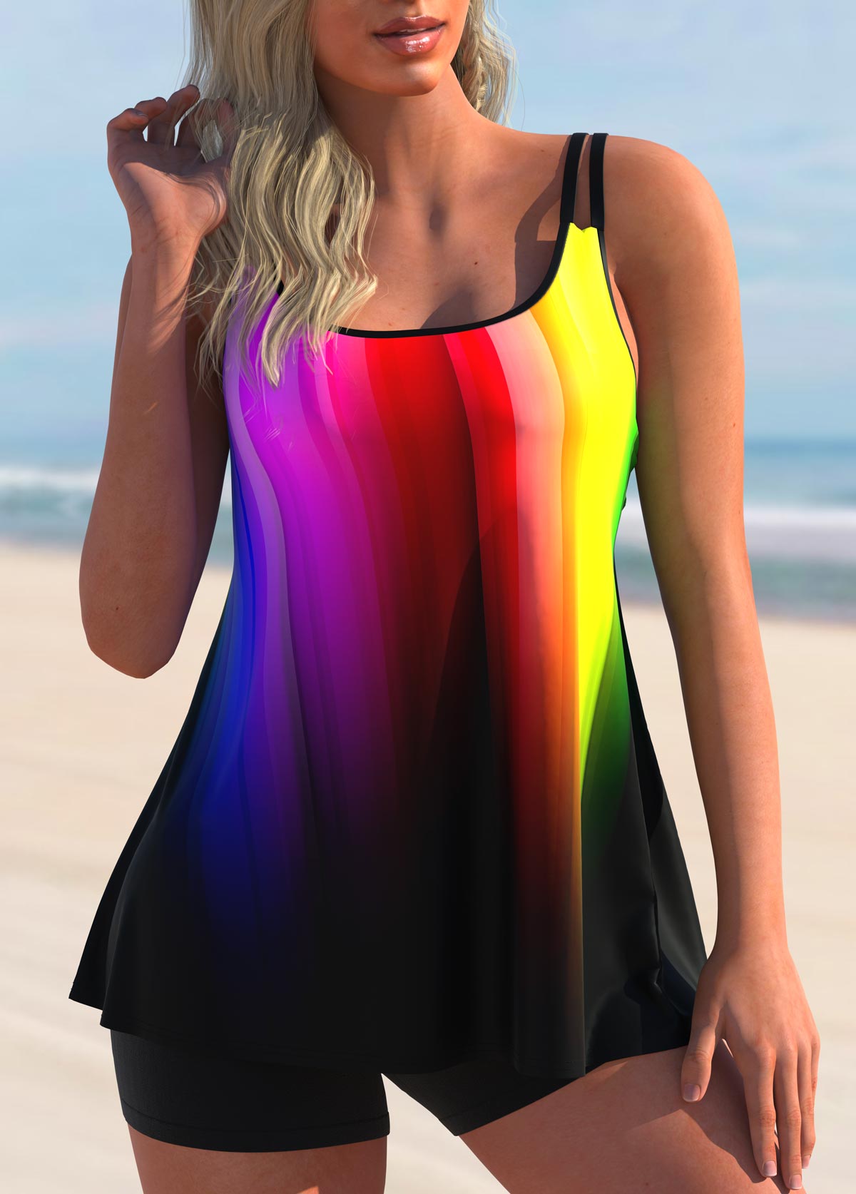 Multi Color swimwear,Ombre swimwear,ROTITA Ombre Rainbow Color Spaghetti Strap Tankini Set 