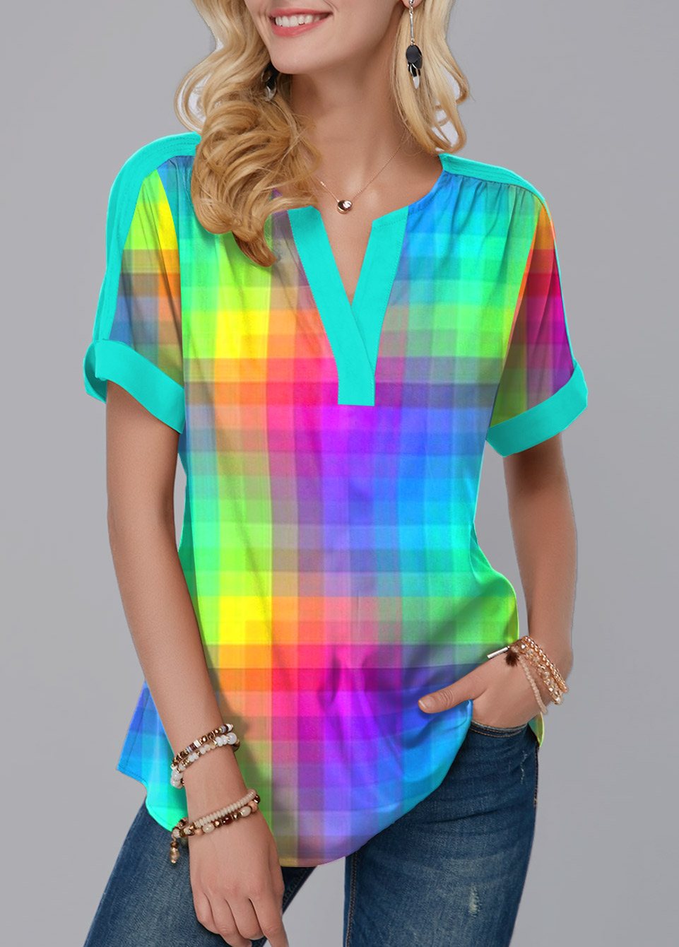 Multi Color tops,Plaid tops,ROTITA Split Neck Colorful Plaid Short Sleeve Blouse
