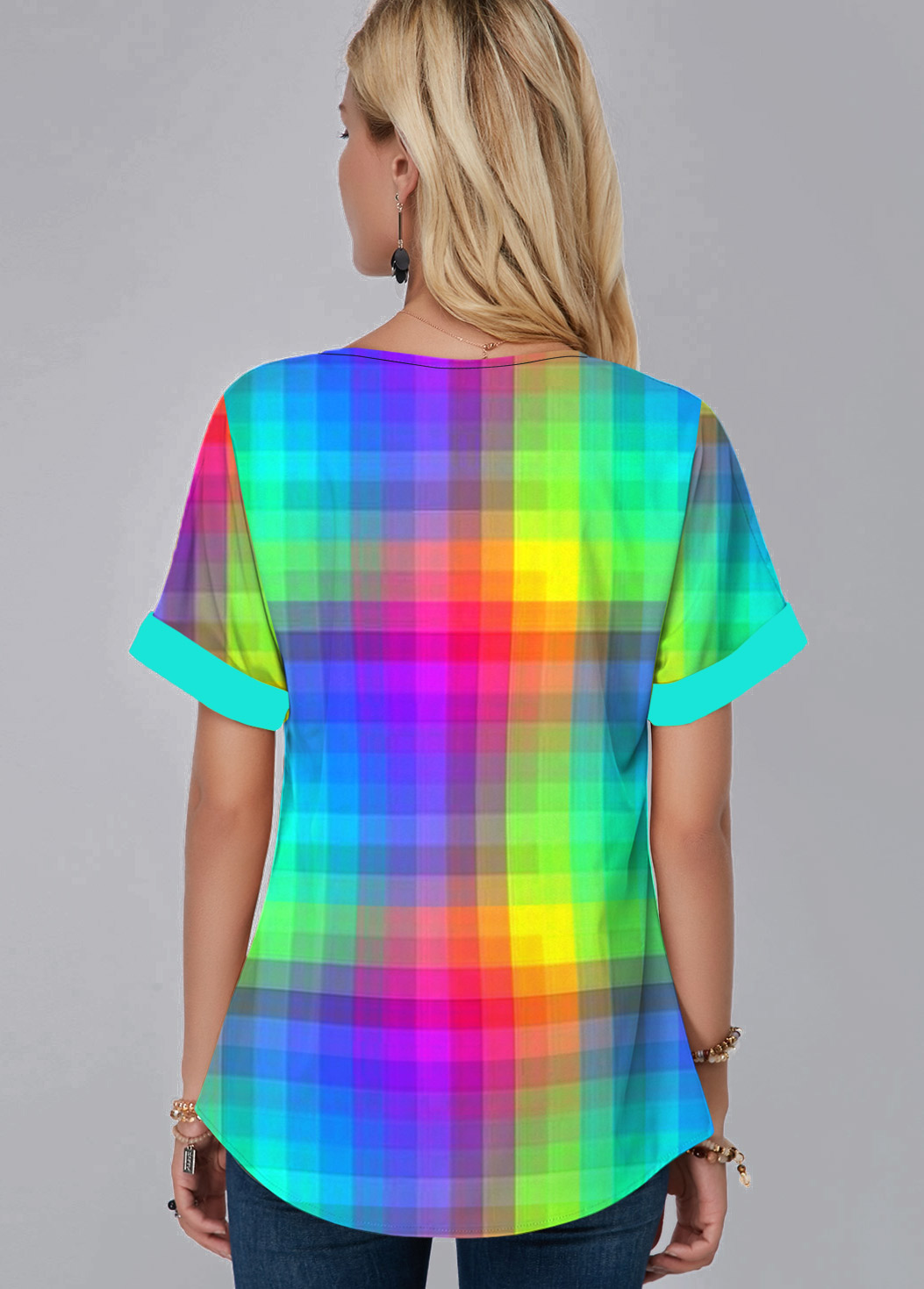 Multi Color tops,Plaid tops,ROTITA Split Neck Colorful Plaid Short Sleeve Blouse