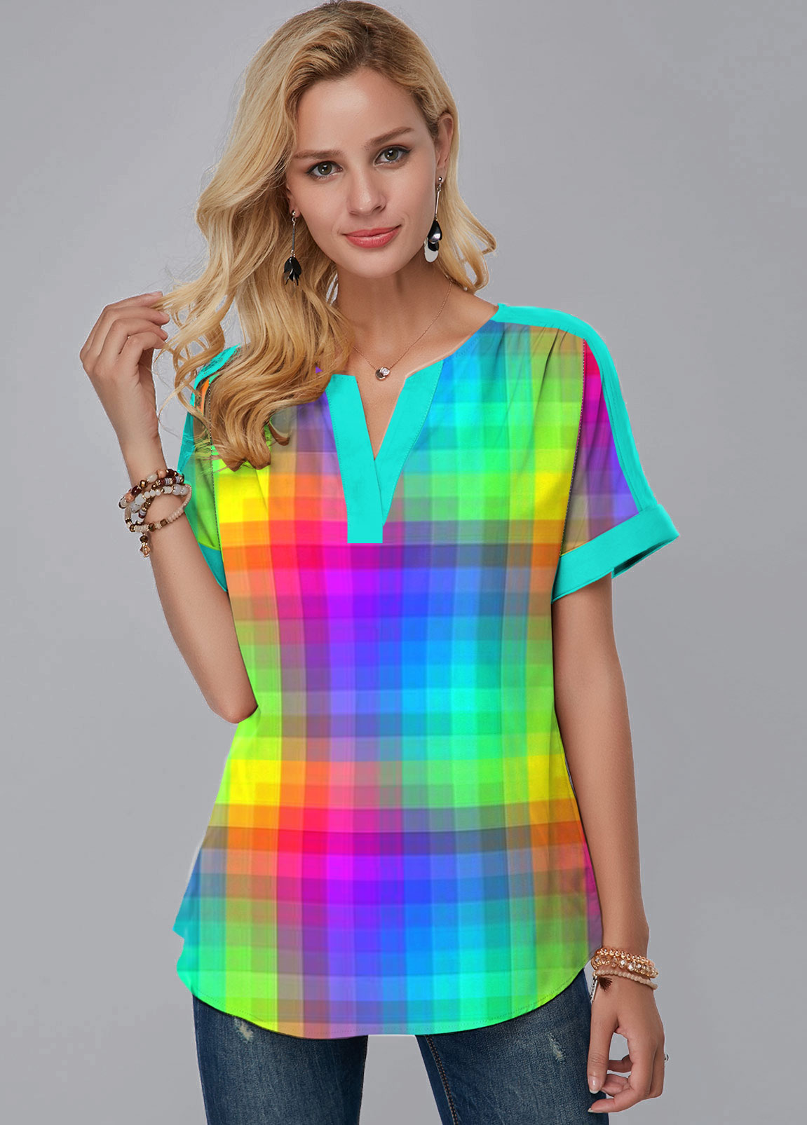 Multi Color tops,Plaid tops,ROTITA Split Neck Colorful Plaid Short Sleeve Blouse