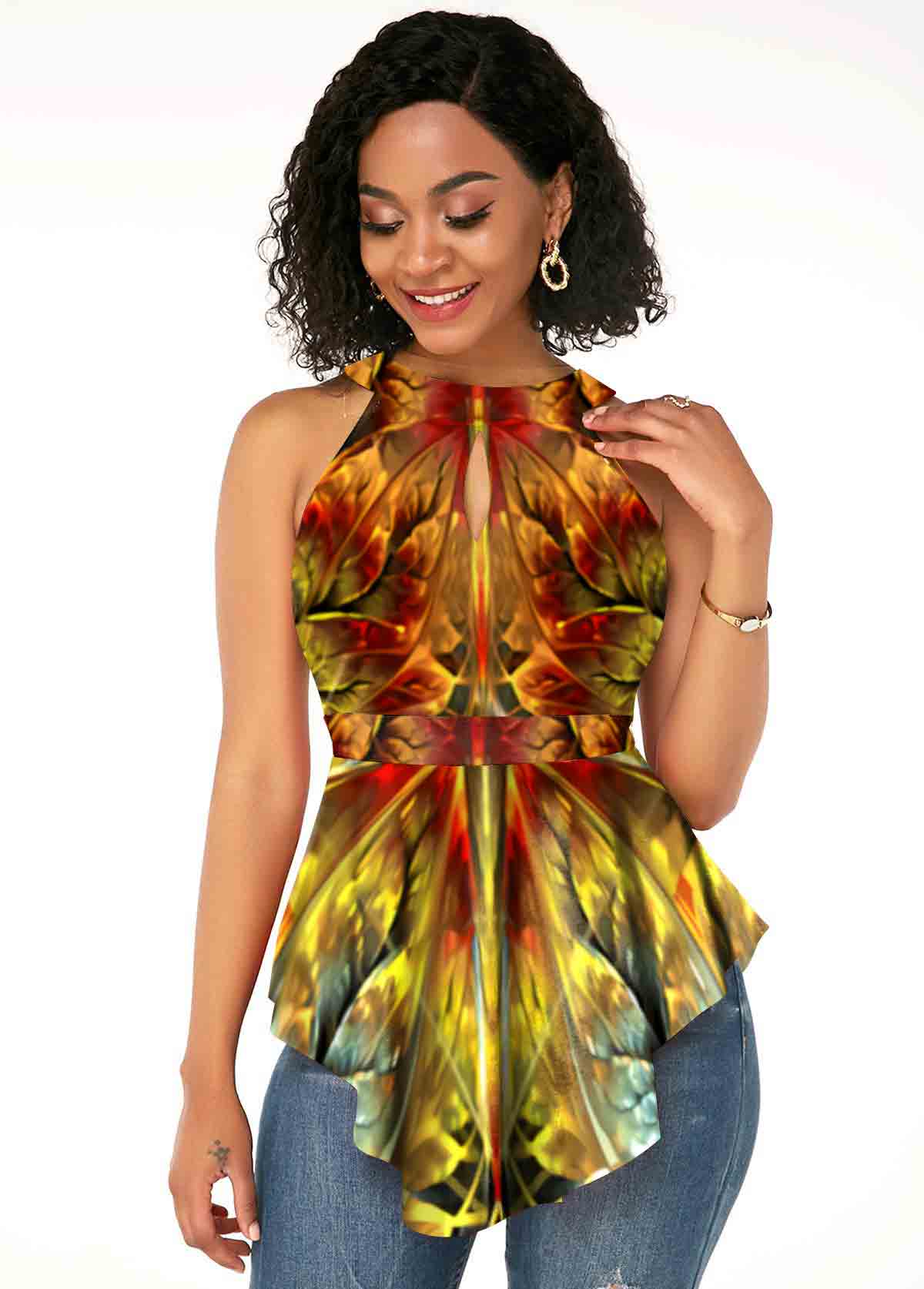Multi Color tops,Floral tops,ROTITA Keyhole Printed Sleeveless Asymmetric Hem Tank Top