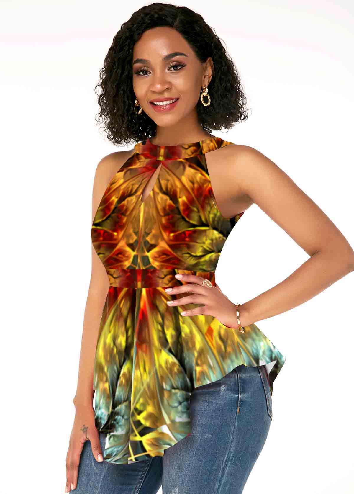 Multi Color tops,Floral tops,ROTITA Keyhole Printed Sleeveless Asymmetric Hem Tank Top