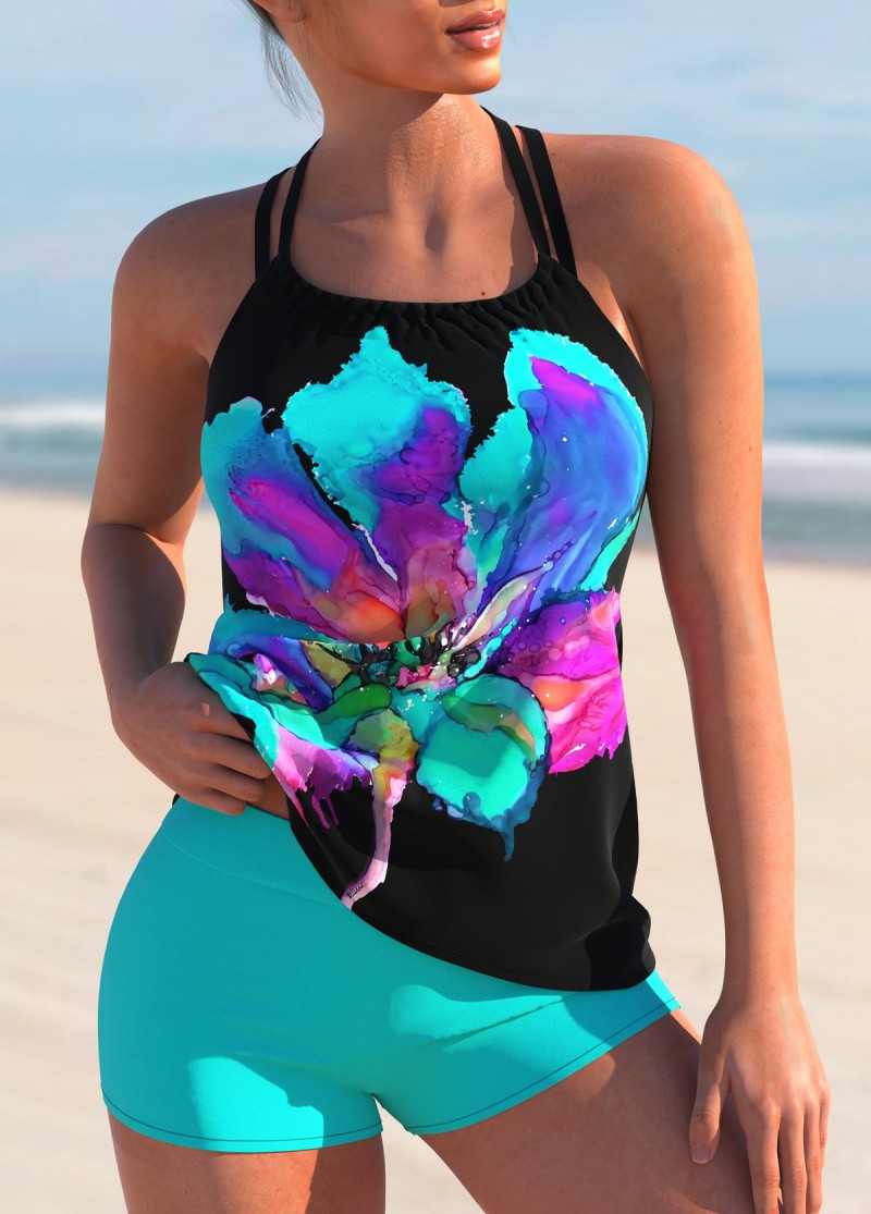 Cyan swimwear,Floral swimwear,ROTITA Halter Floral Print Cross Strap Tankini Set 