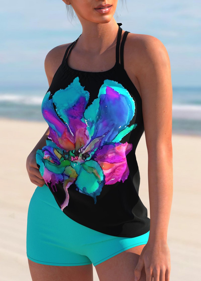Cyan swimwear,Floral swimwear,ROTITA Halter Floral Print Cross Strap Tankini Set 
