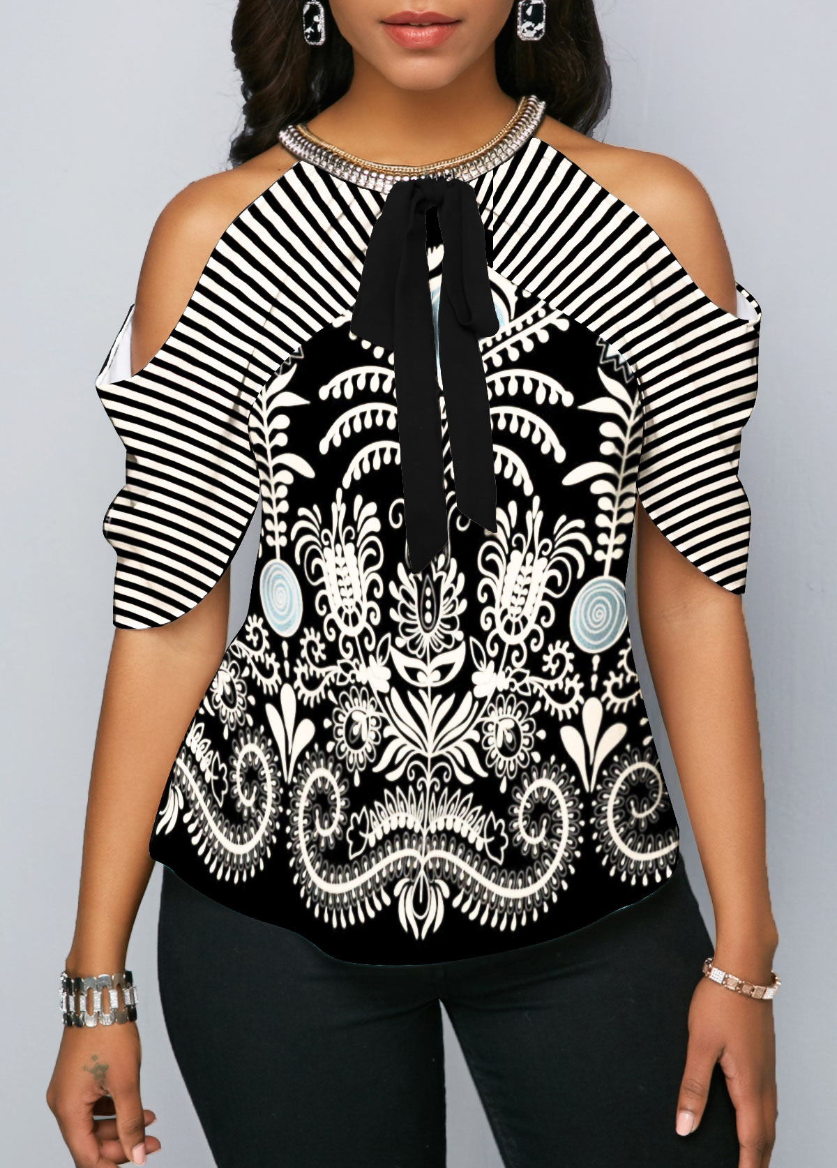 Multi Color tops,Paisley tops,ROTITA Cashews Print Cold Shoulder Bowknot Blouse