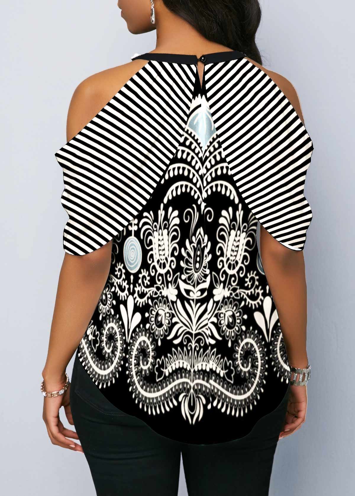 Multi Color tops,Paisley tops,ROTITA Cashews Print Cold Shoulder Bowknot Blouse