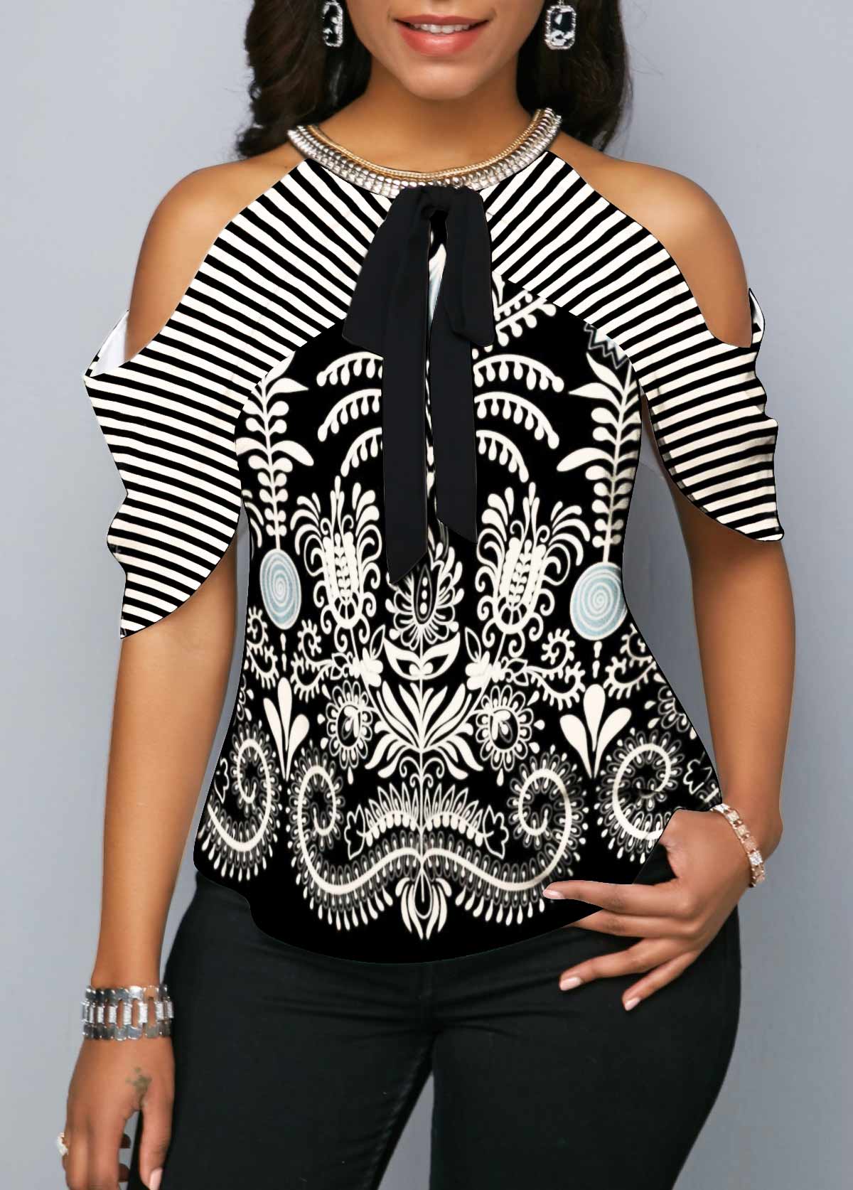 Multi Color tops,Paisley tops,ROTITA Cashews Print Cold Shoulder Bowknot Blouse