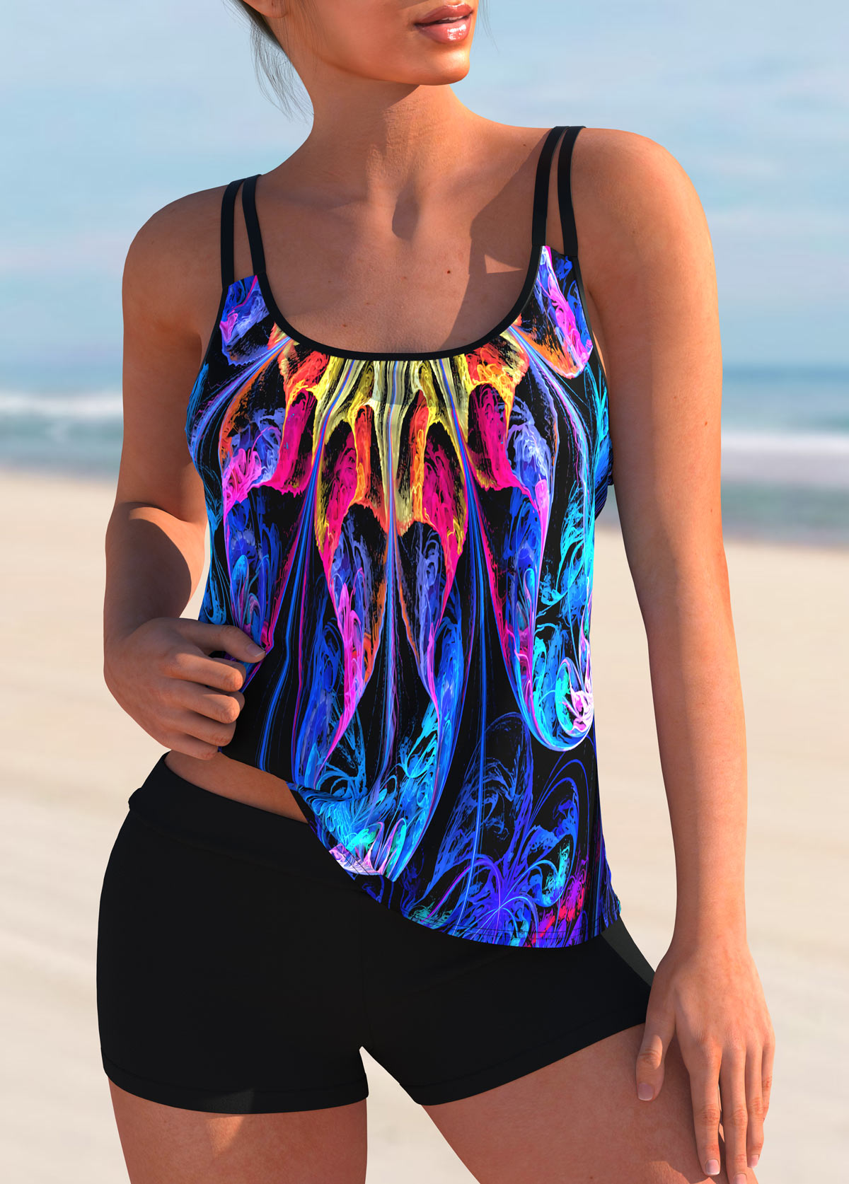 Purple swimwear,Dazzle Colorful swimwear,ROTITA Colorful Printed Mid Waist Spaghetti Strap Tankini Set 