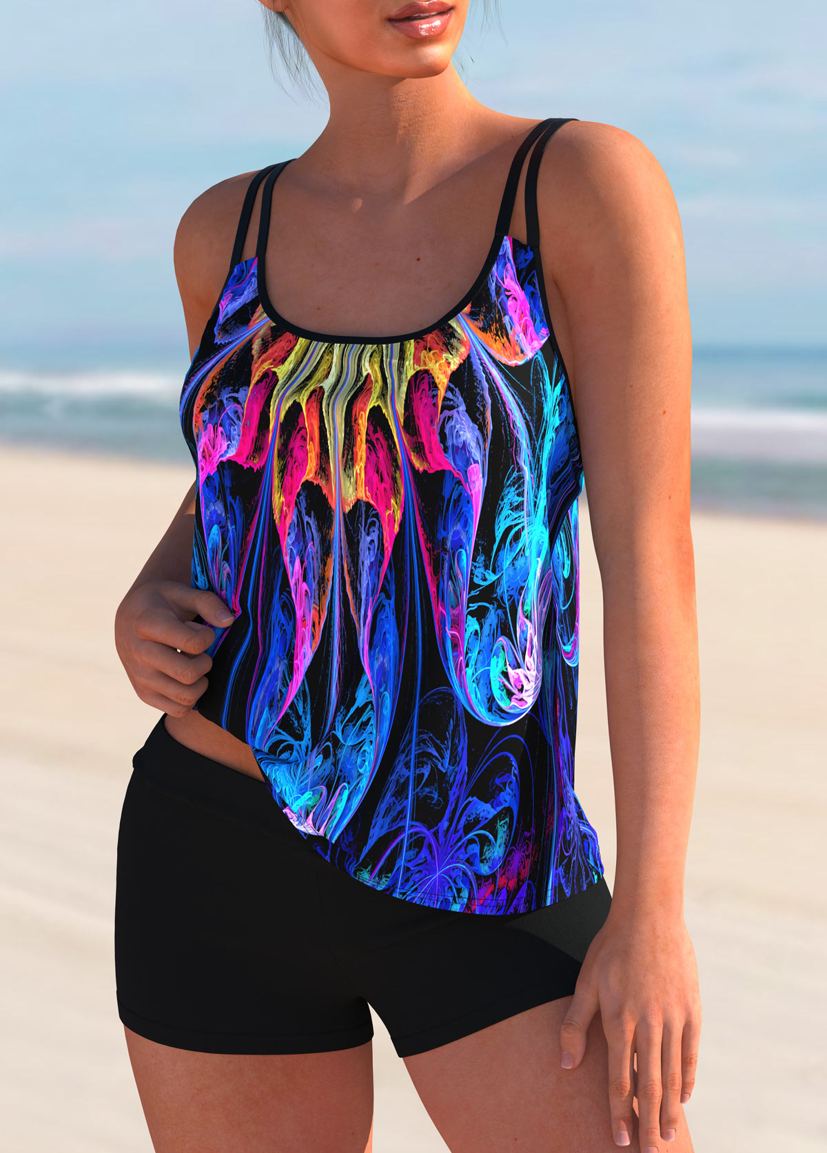 Purple swimwear,Dazzle Colorful swimwear,ROTITA Colorful Printed Mid Waist Spaghetti Strap Tankini Set 
