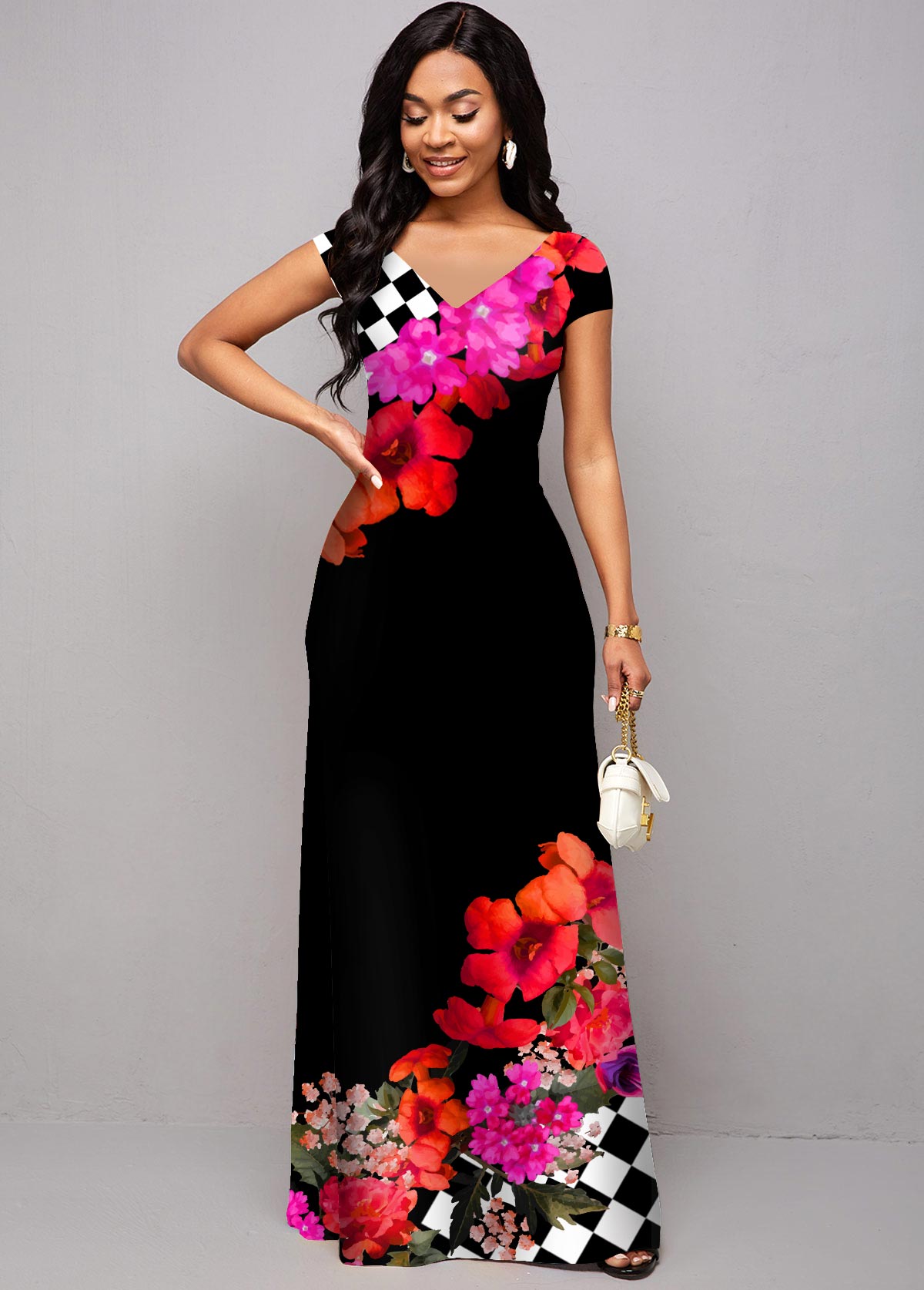 ROTITA Contrast Floral and Geometric Print Dress