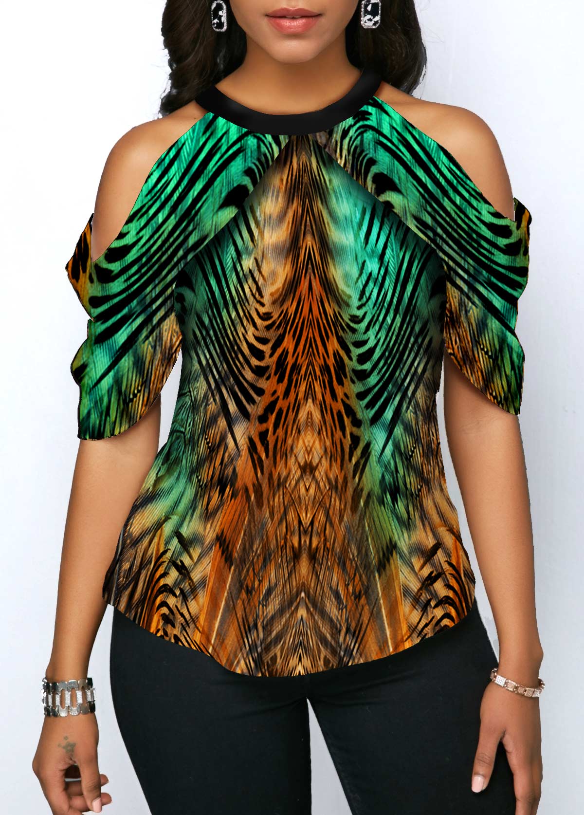 Multi Color tops,Animal Print tops,ROTITA Animal Print Cold Shoulder Half Sleeve Blouse